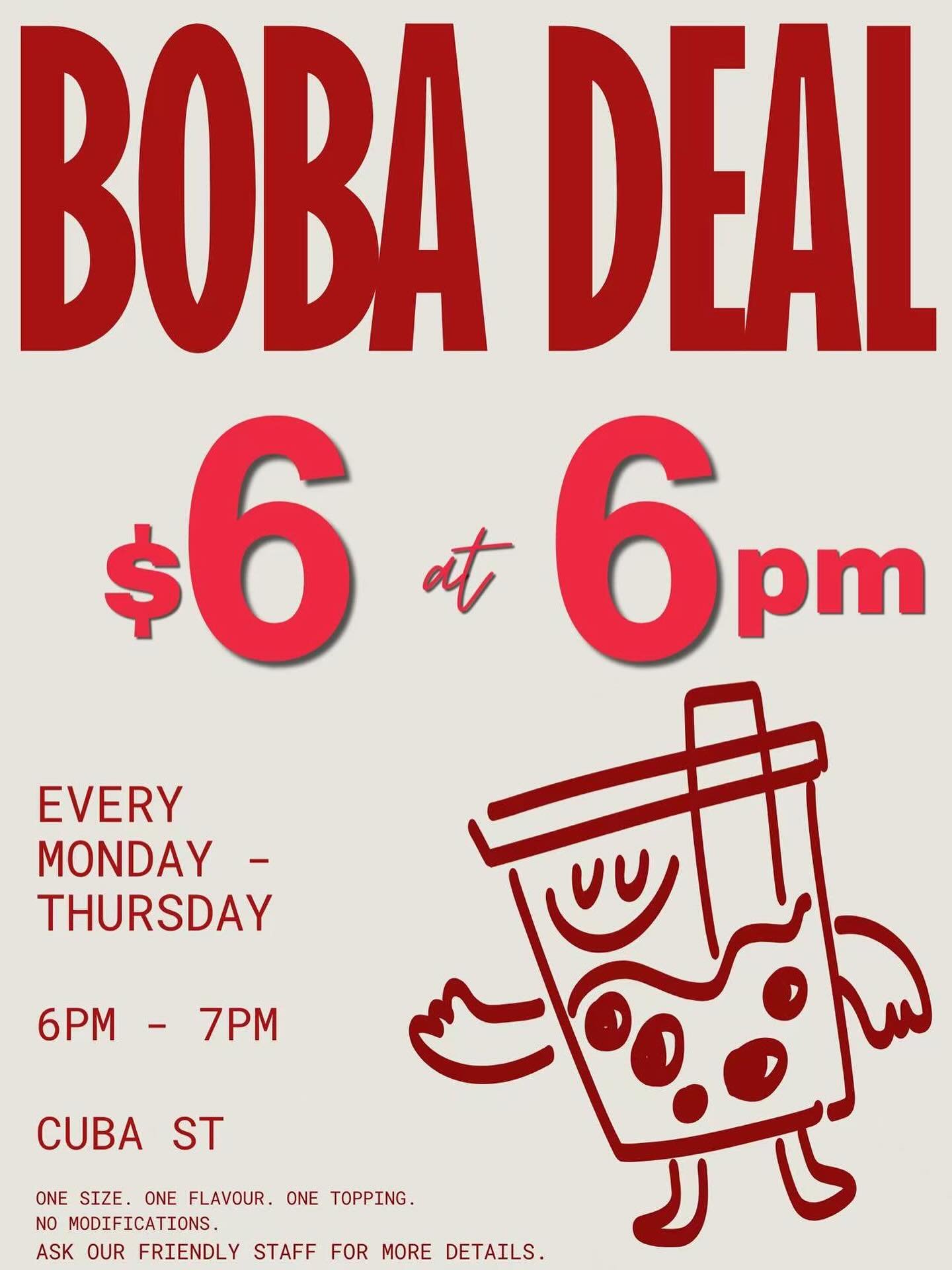 🚨 NEW PROMO ALERT 🚨

Introducing 6 at 6 🎉

Starting Monday 8th June, every Monday &ndash; Thursday, from 6pm&ndash;7pm, grab a selected drink for just $6 at our Cuba Street location!

✨ Water-based fruit drink ✨ Popping boba included ✨ Perfect for