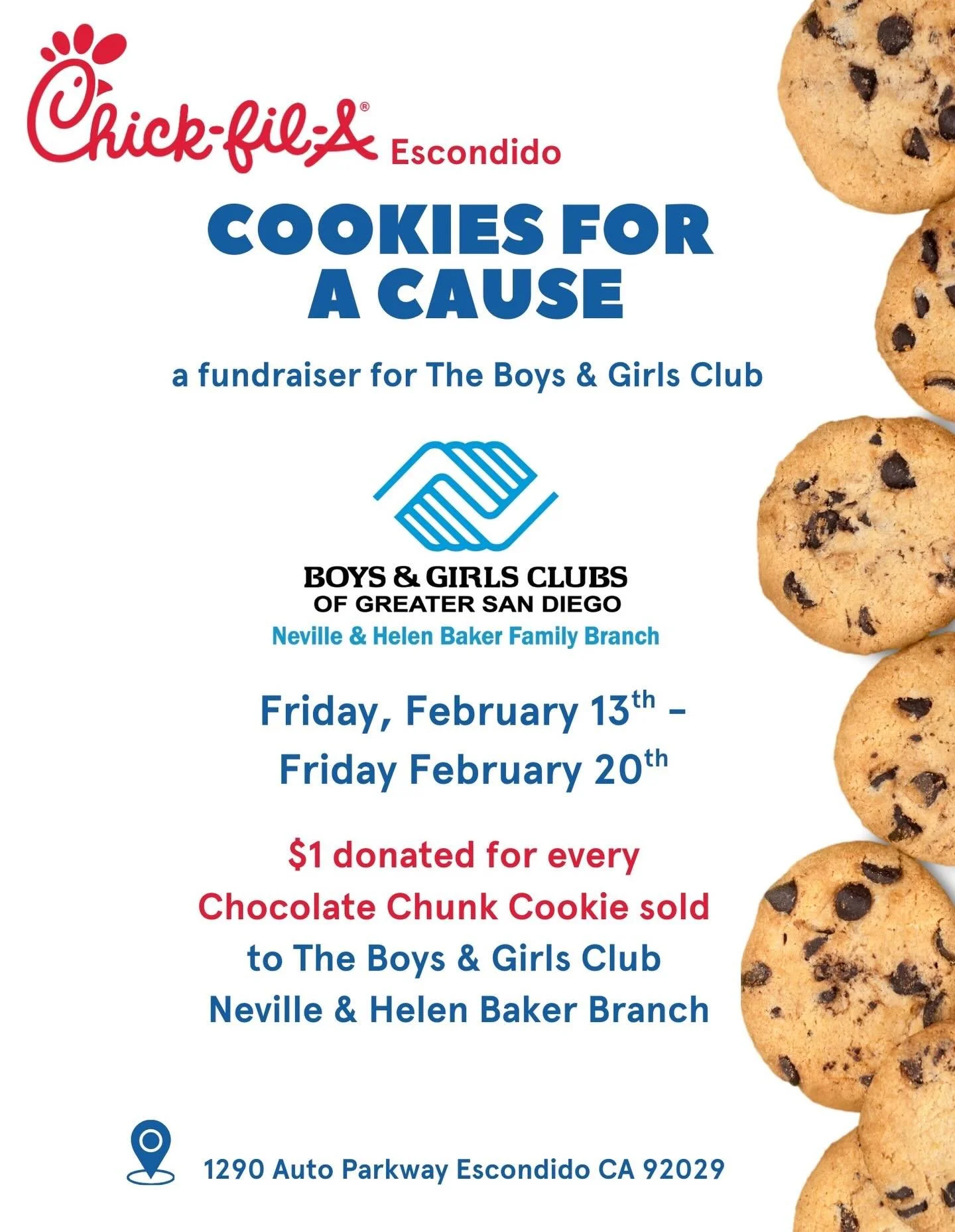 Today kicks off our week-long Cookies for a Cause 🍪 event with the Boys &amp; Girls Club, Neville &amp; Helen Baker Branch. For every Chocolate Chunk Cookie you buy this week, $1 will be donated to the Boys &amp; Girls Club here in Escondido! Be sur