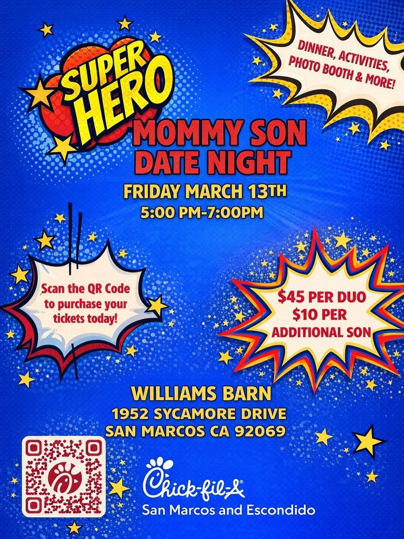 Calling all Superheroes! It&rsquo;s time to suit up and fly over for an unforgettable evening! Chick-fil-A Escondido is thrilled to invite you and your little hero to our Mommy &amp; Son Superhero Date Night. This year, we are taking the adventure of