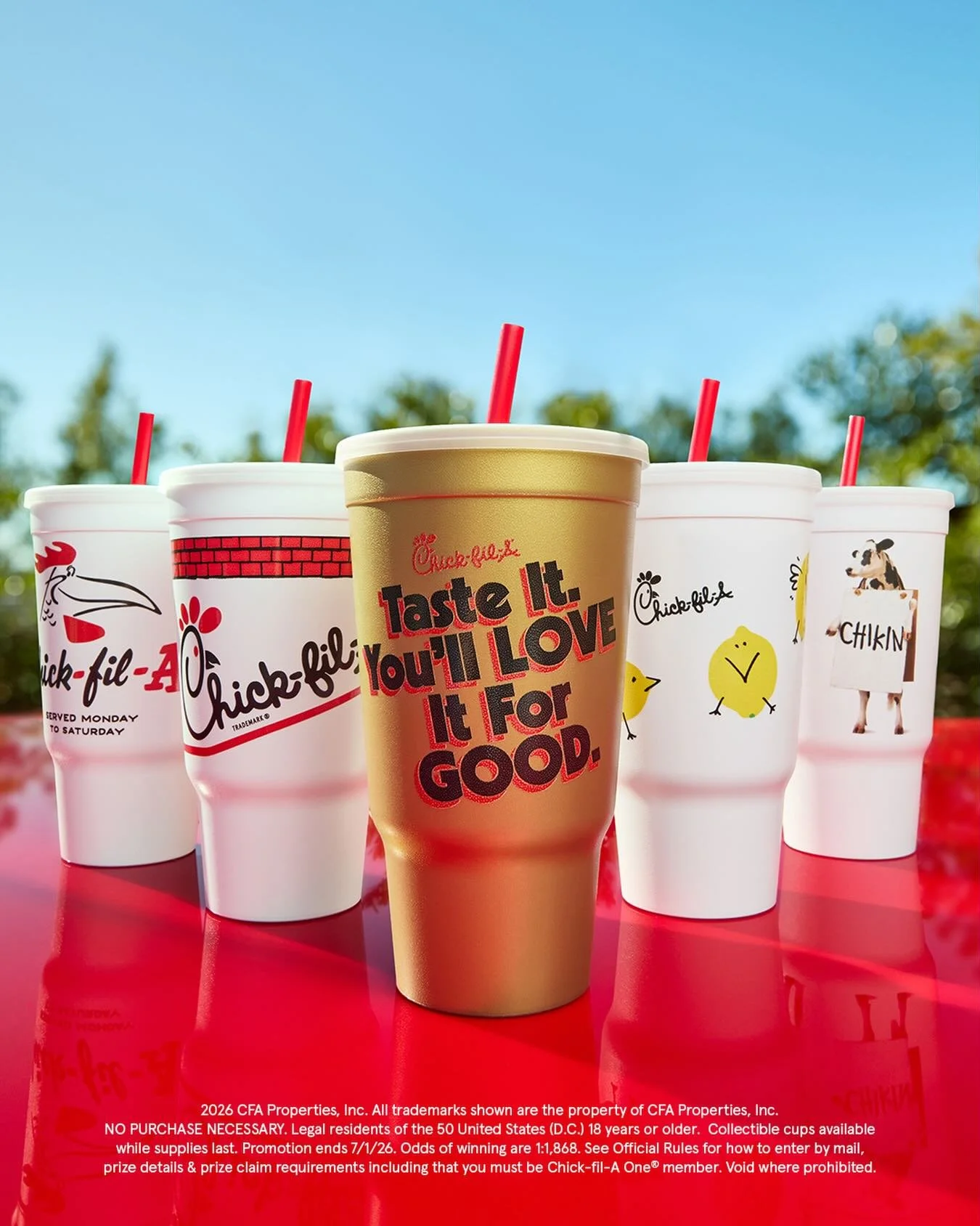 Our newest and last Classic Cup just dropped&hellip; the Cow Billboard Cup! Each collectible cup is just $3.99 and comes with a chance to be one of our lucky Golden Cup winners&mdash;scoring FREE Chick-fil-A for a year! 🥇🐔 Grab them before they are