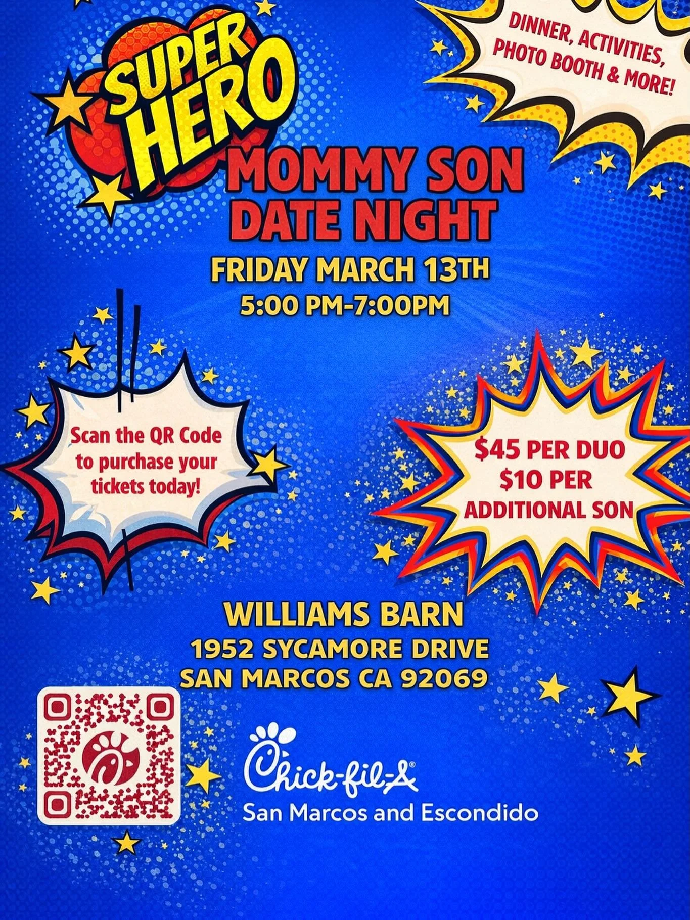 Calling all Superheroes! It&rsquo;s time to suit up and fly over for an unforgettable evening! Chick-fil-A Escondido is thrilled to invite you and your little hero to our Mommy &amp; Son Superhero Date Night. This year, we are taking the adventure of