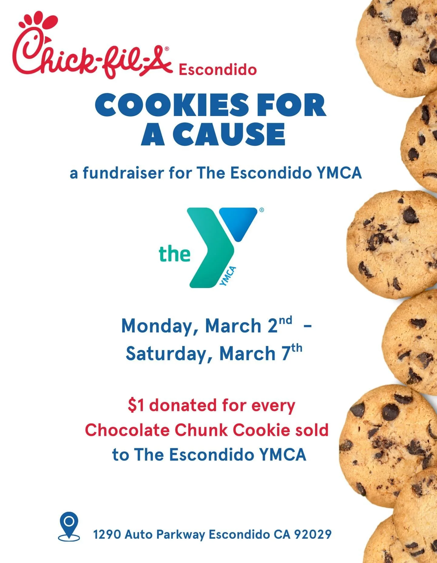 Today kicks off our week-long Cookies for a Cause 🍪 event with the YMCA. For every Chocolate Chunk Cookie you buy this week, $1 will be donated to the Escondido YMCA! Be sure to grab a sweet treat to help out this amazing organization in our communi