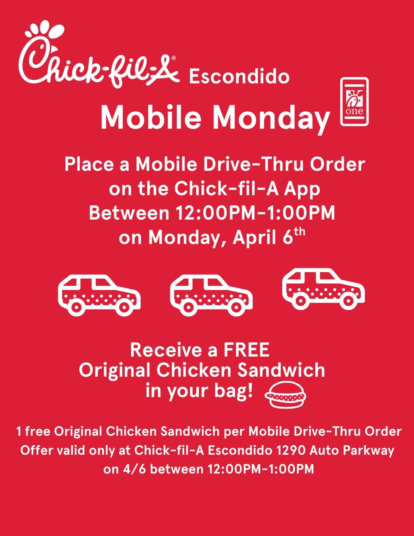 Mobile Drive-Thru has never tasted better!

Place a Mobile Drive-Thru order in the app and visit us on Monday 4/6 between 12:00-1:00pm to receive a FREE Original Chicken Sandwich in our Drive-Thru

1 per Mobile Drive-Thru order. Offer valid only at C
