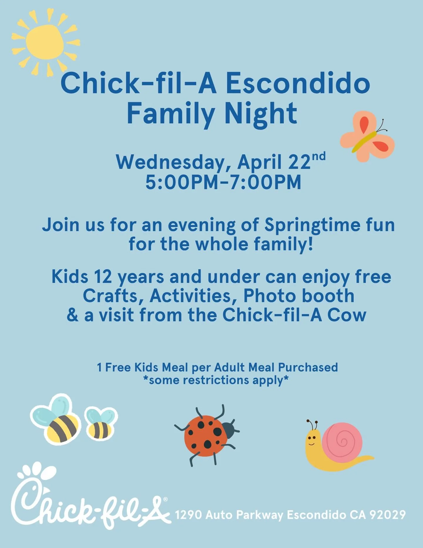 Join us for an evening of some Springtime fun! Kids Night is on April 22nd, 5-7pm! 🌷☀️

Free crafts, activities, photo booth, and a visit from Mr. Cow for kids under 12!

One free Kids Meal (12 and under) per Adult Meal purchased! *some restrictions