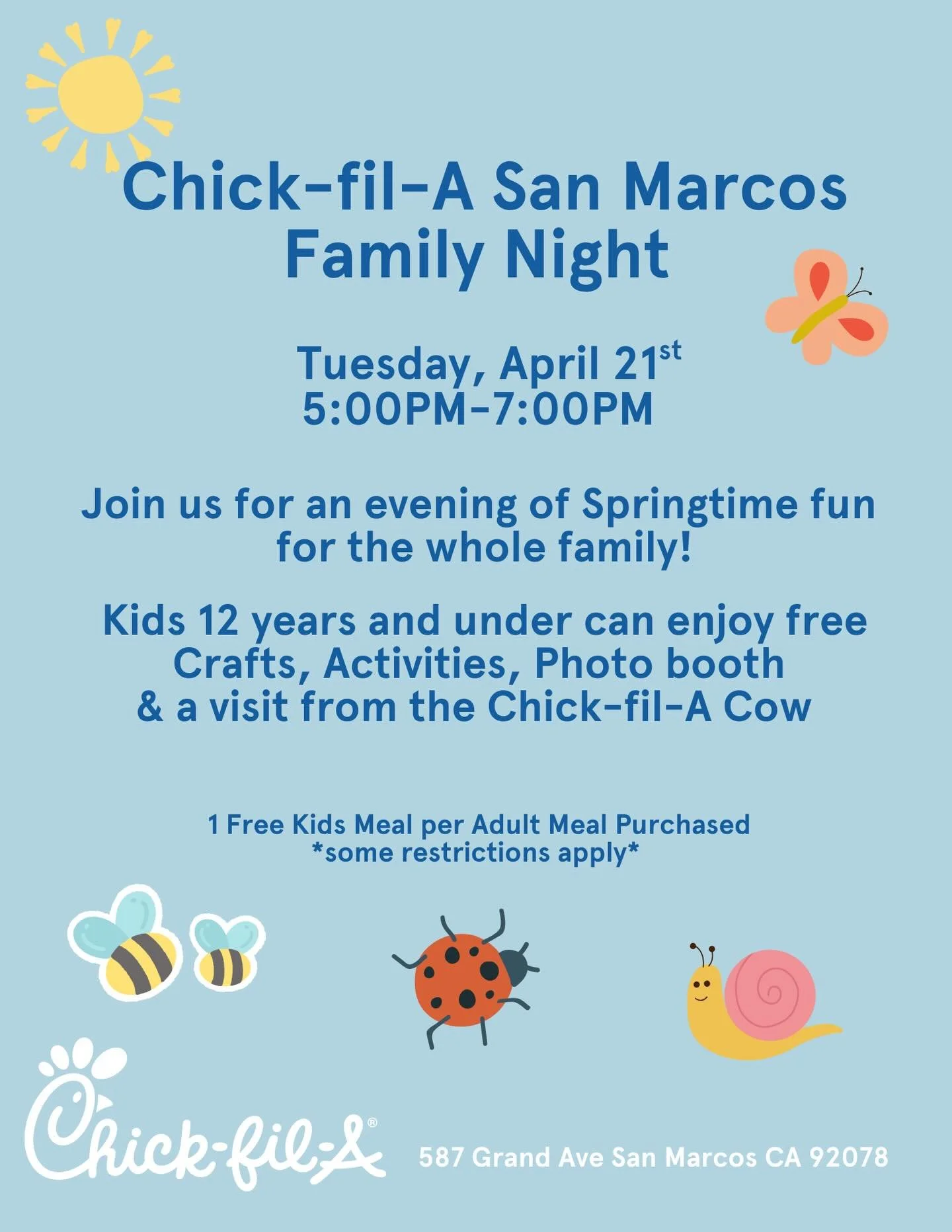 Join us for an evening of some Springtime fun! Kids Night is on April 21st, 5-7pm! 🌷☀️

Free crafts, activities, photo booth, and a visit from Mr. Cow for kids under 12!

One free Kids Meal (12 and under) per Adult Meal purchased! *some restrictions