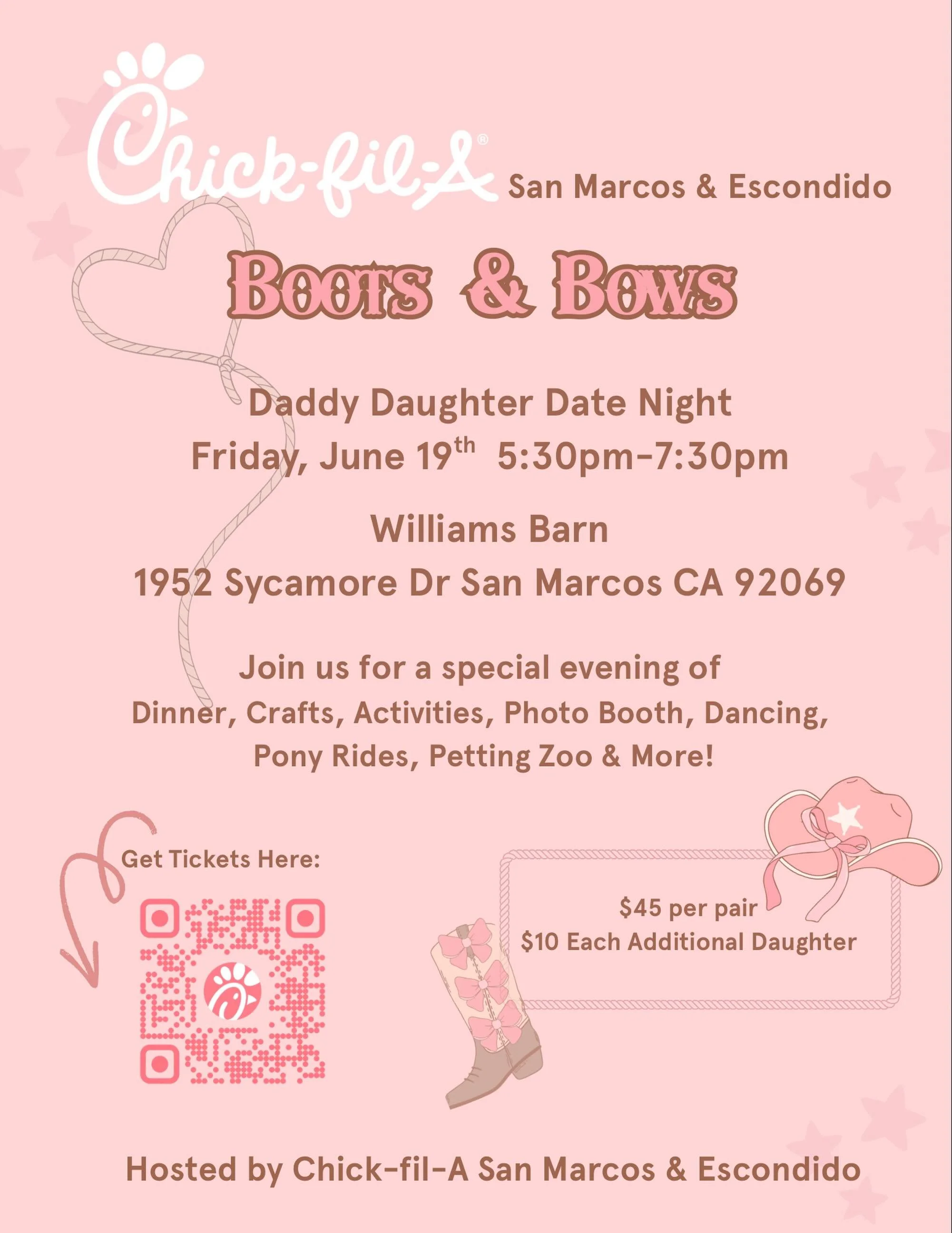 Mark your calendars and grab your tickets today! Join us for a special evening of Dinner, Crafts, Activities, Photo Booth, Dancing, Pony Rides, Petting Zoo &amp; More!