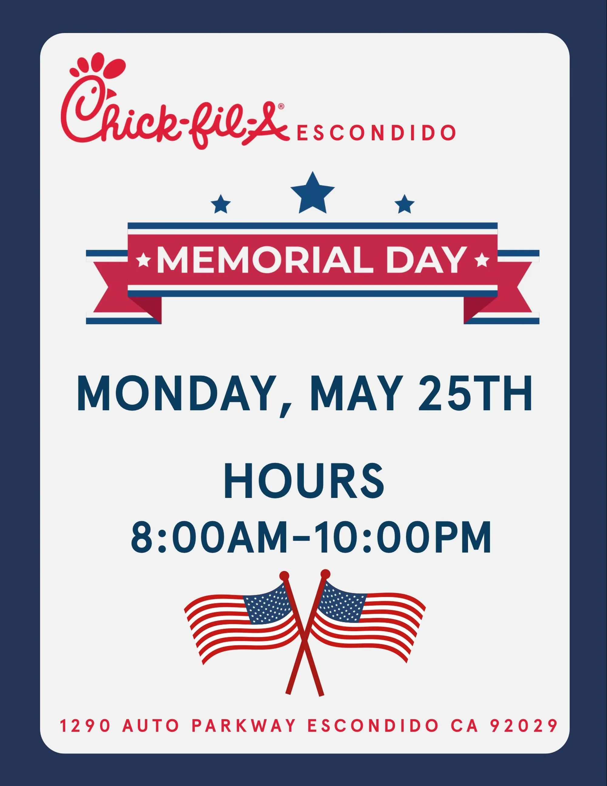 🇺🇸 It&rsquo;s our pleasure to serve you this Memorial Day, Monday 5/25 from 8:00am&ndash;10:00pm!

Wishing everyone a safe and meaningful holiday as we remember and honor those who have served our country.