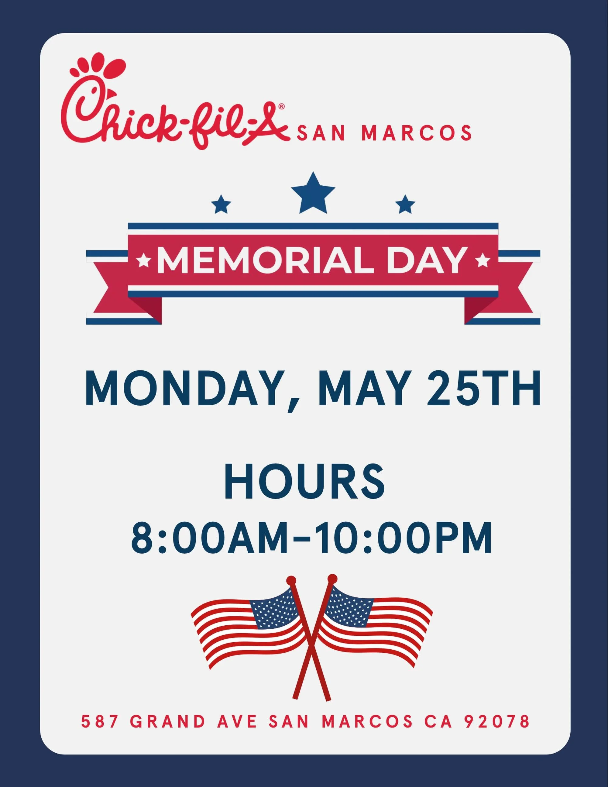🇺🇸 It&rsquo;s our pleasure to serve you this Memorial Day, Monday 5/25 from 8:00am&ndash;10:00pm!

Wishing everyone a safe and meaningful holiday as we remember and honor those who have served our country.