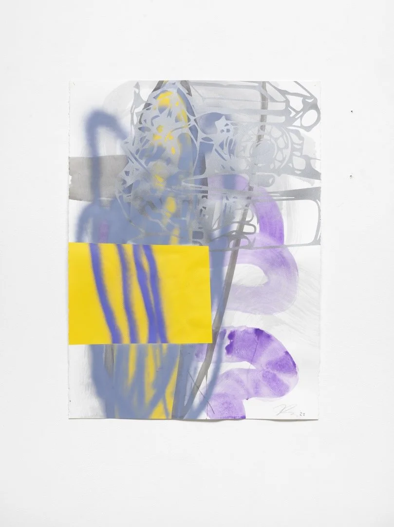  Yellow Porsche, 2022, paint and silk screen ink on paper, 30” x 22” unframed 