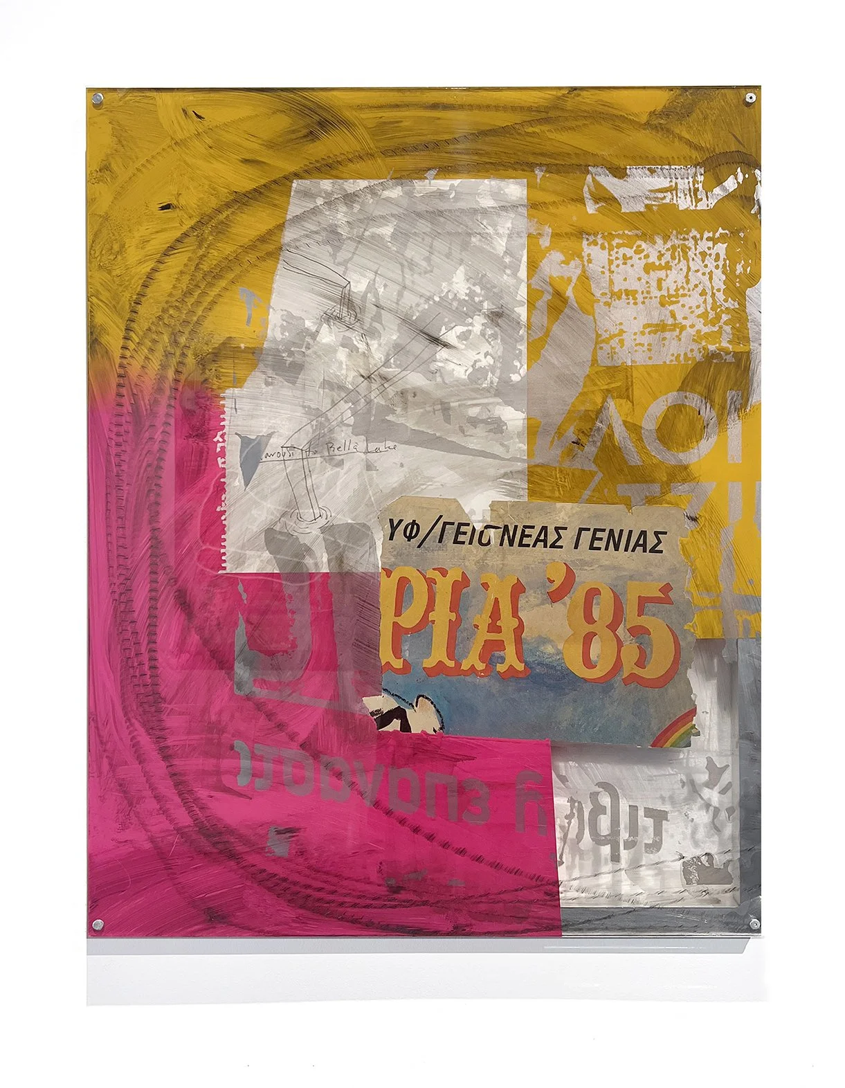  Marousi to Bella Lake, 2025, enamel and collage on polycarbonate, 30 × 24 inches 