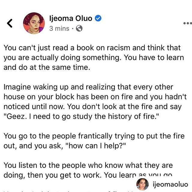 Posted @withregram &bull; @ijeomaoluo You can't just read a book on racism and think that you are actually doing something. You have to learn and do at the same time.

Imagine waking up and realizing that every other house on your block has been on f