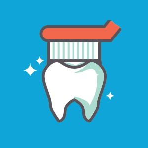 A cartoon tooth with a toothbrush on top and sparkles around it, against a blue background.