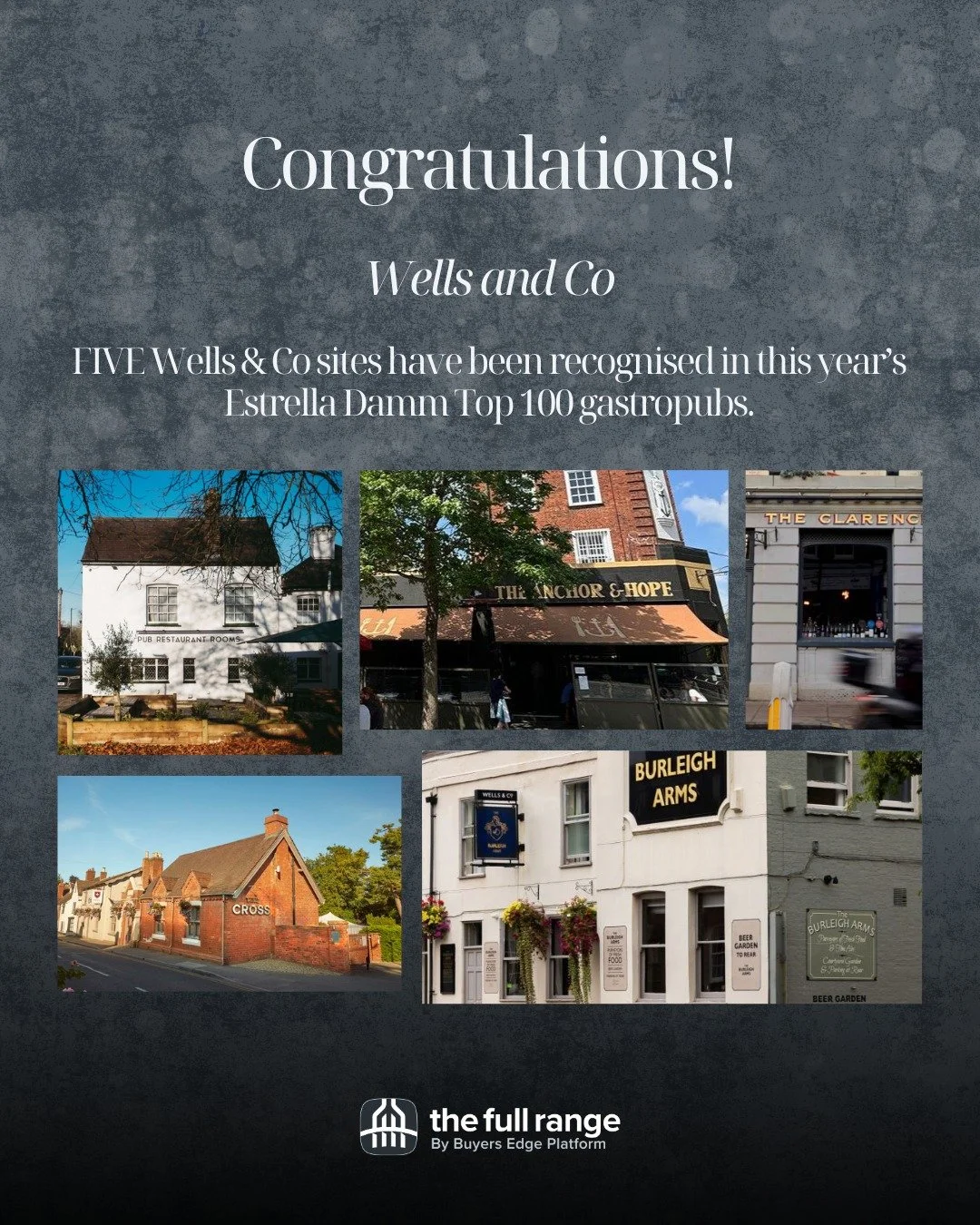 Huge congratulations to Wells &amp; Co on an incredible achievement, with five Pub Partner sites named in the Estrella Damm Top 100 Gastropubs 2026.

Being recognised in one of the UK hospitality industry&rsquo;s most respected and influential awards