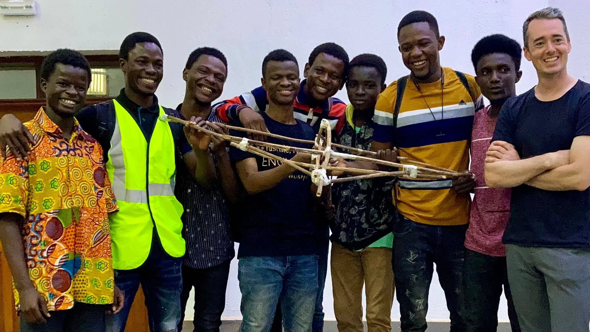  Engineering students from Fourah Bay College with their nearly completed bamboo drone 