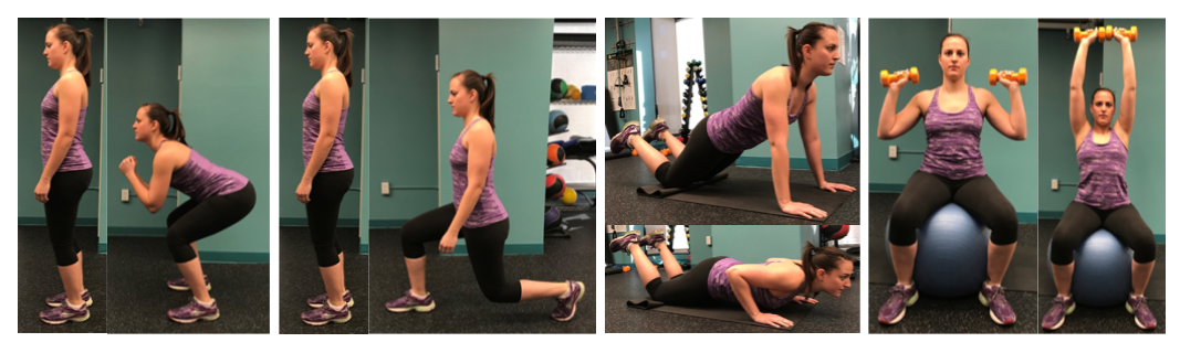Strength Exercises from left: Squat, Lunge, Push-up, Overhead Shoulder Press.