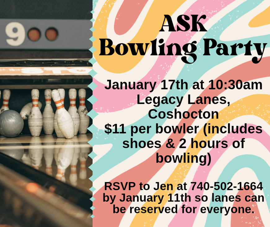 square image, bowling pins falling on the left.  on the right is swirling colors and the information in the event description