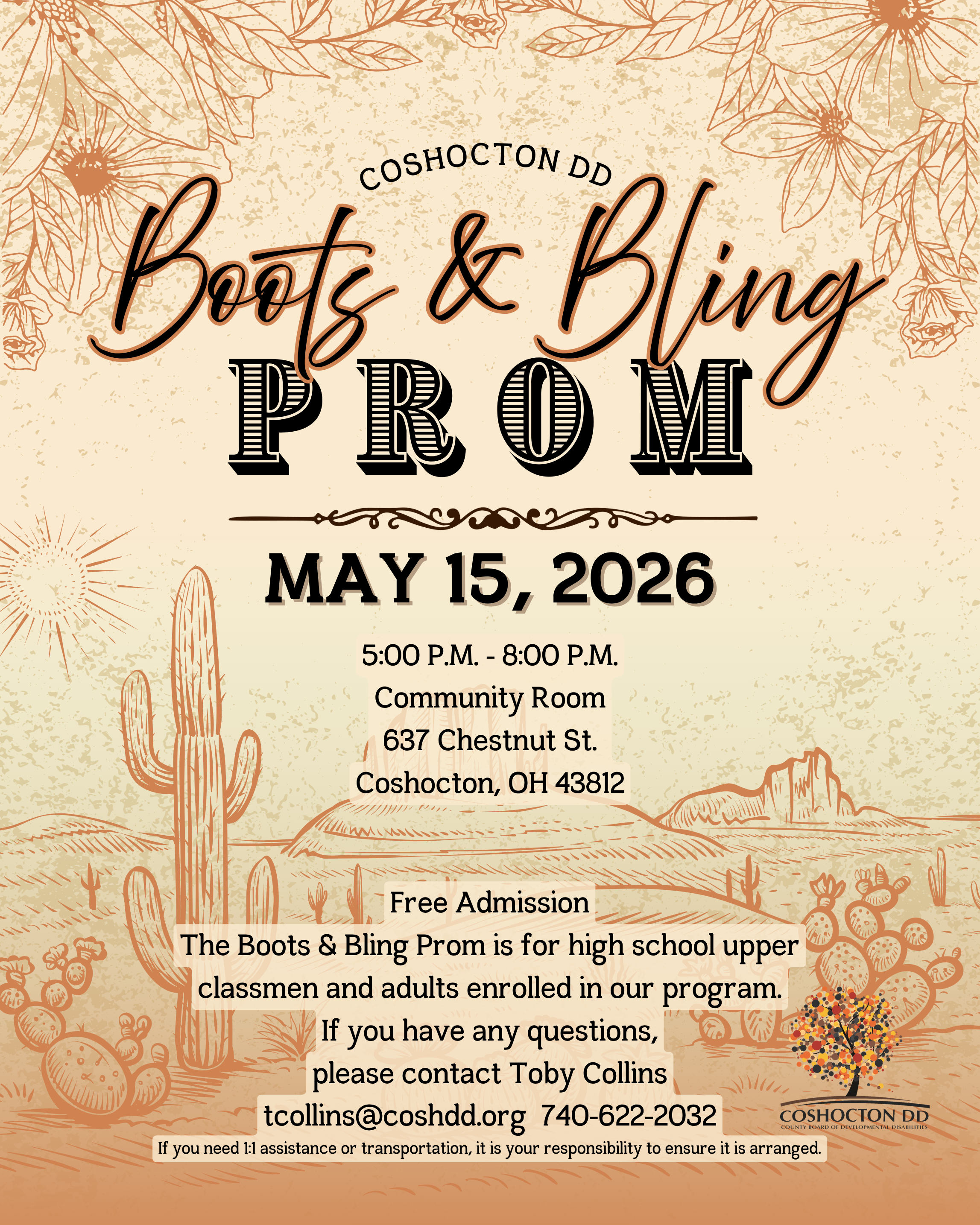 Vertical flyer for boots and bling prom.  All information on flyer is listed below the image.