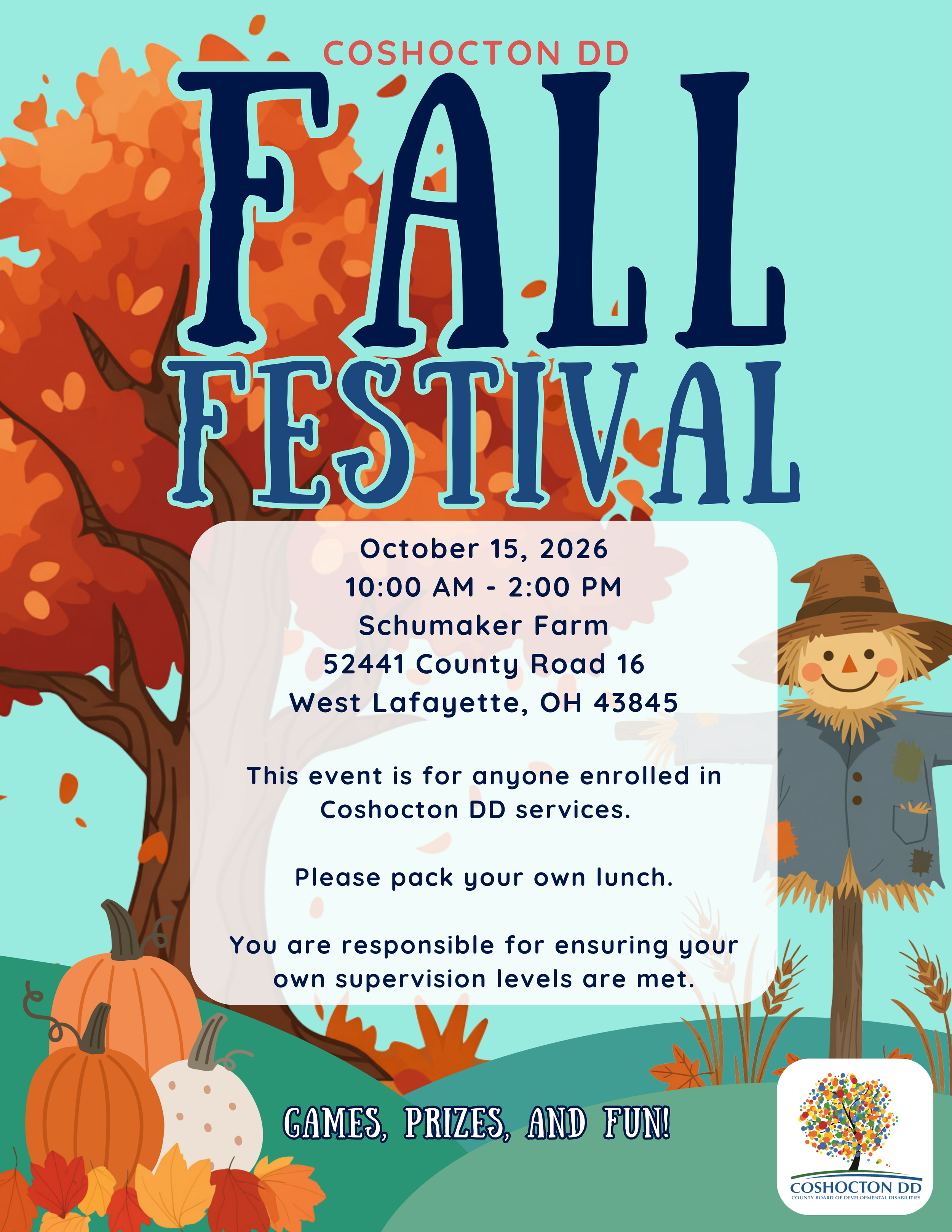 vertical flyer for Fall Festival.  Blue background with orange tree, scarecrow and pumpkins.  All pertinent information is in the body of this event.