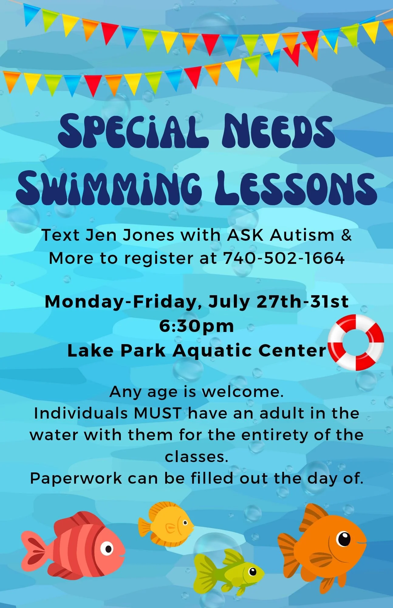 blue vertical flyer for special needs swimming lessons.  all pertinent information on flyer is in body of event.
