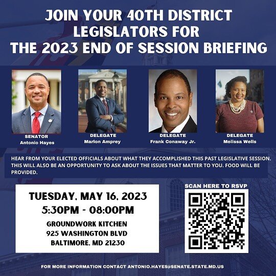 District 40 residents please join us for the End of Session Briefing. Get an update on legislation we were successful in passing and that in which we were not. Please come prepared to ask questions and learn about opportunities for your community. Di