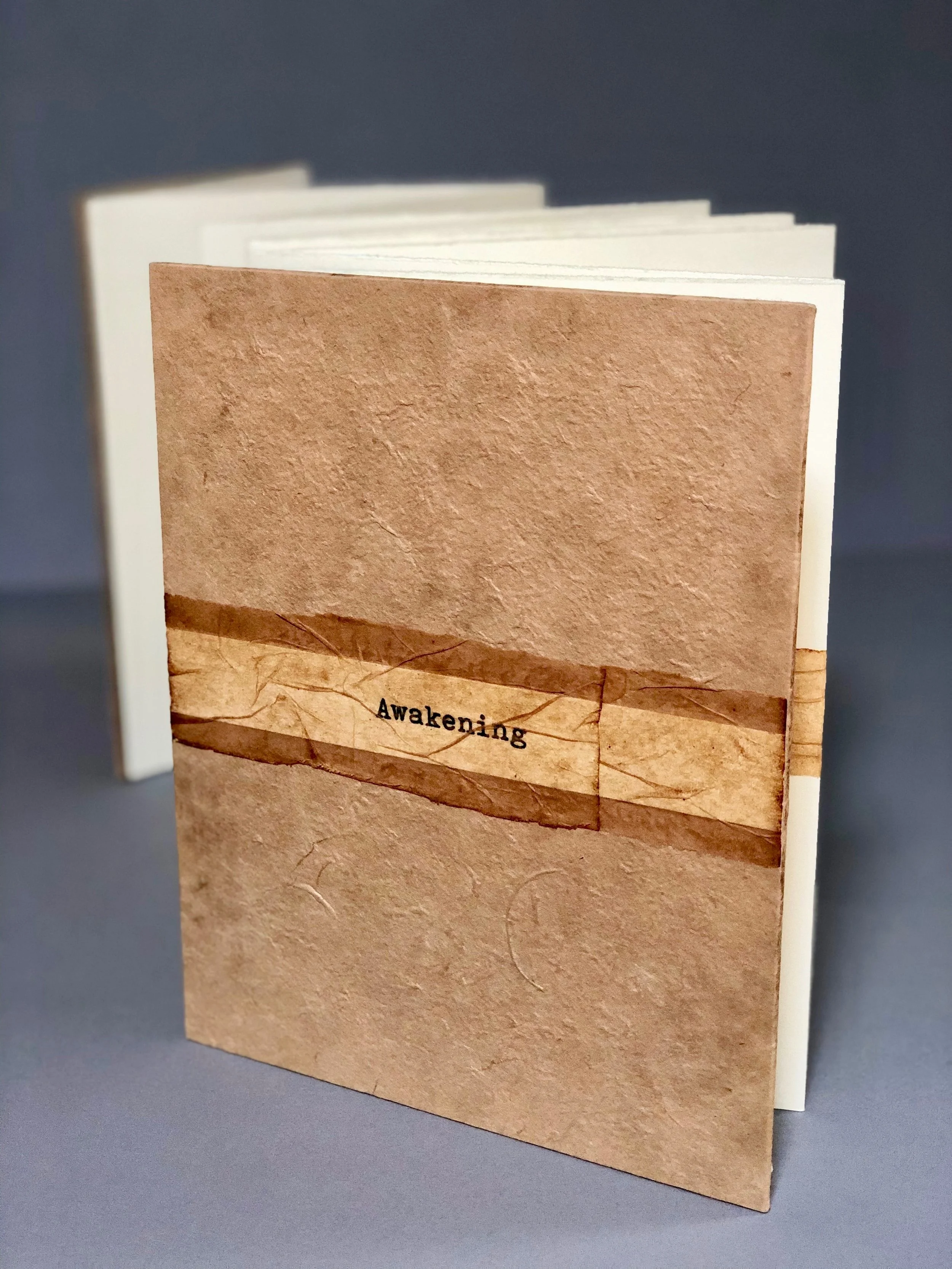 Unique artist's accordian book with 4 original collages of found images and text. Rives cover and tea dyed Thai rice papers, deconstructed tea bags 9.5 × 7.5 × 0.5” Available for exhibition $500