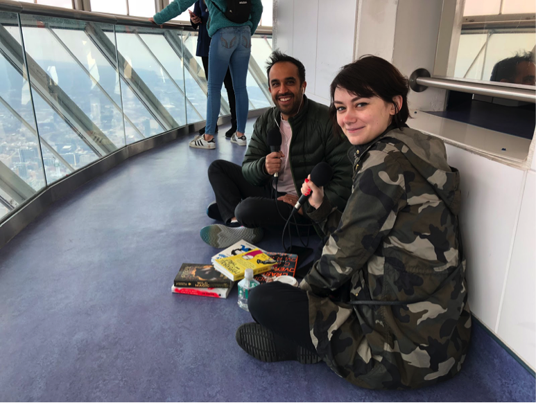 Our extremely professional podcast setup ... camped out on top of the CN Tower!
