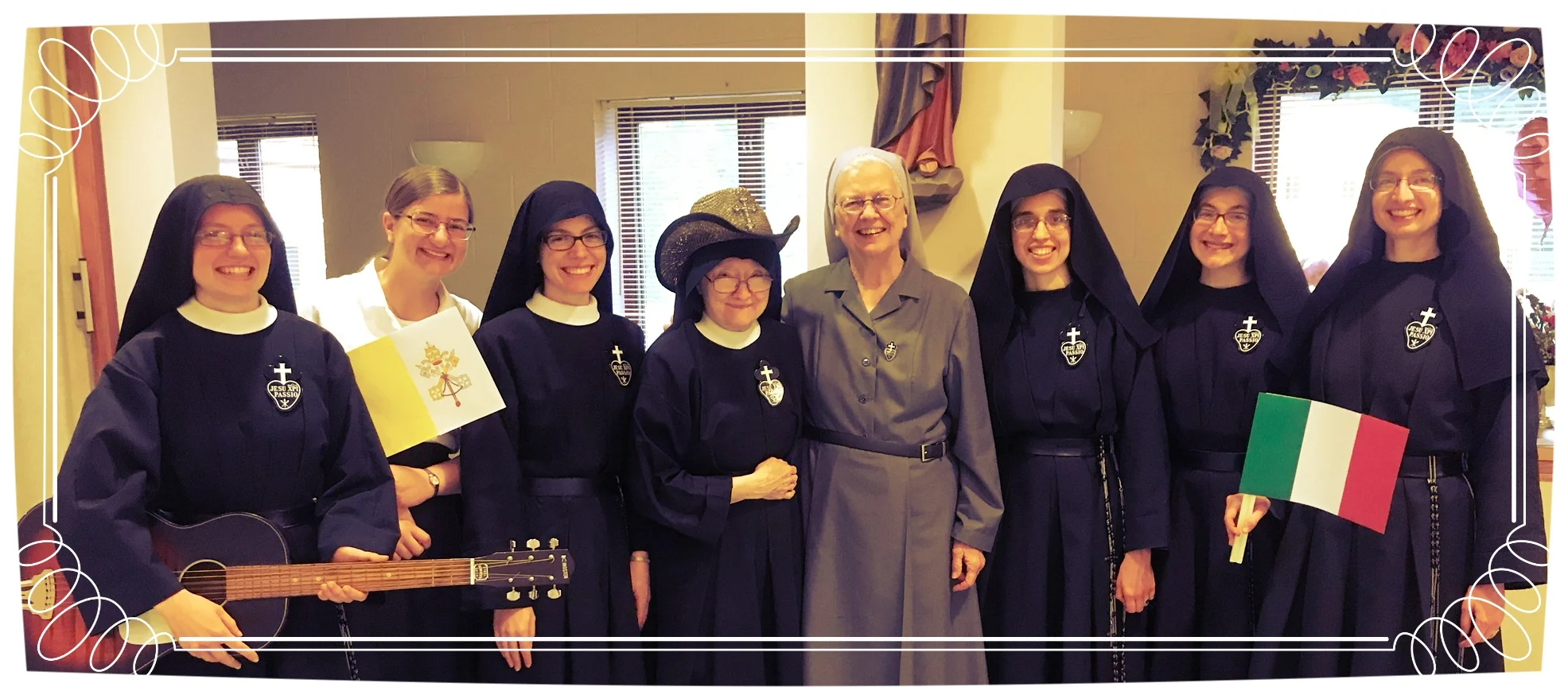 Sr. Frances Marie as Mother Catherine Marie, Theresa & Sr. Maria Faustina as the chorus, the real Mother Catherine Marie with Sr. Joan Mary, and Sr. Mary Andrea, Sr. Lucia Marie, & Sr. Cecilia Maria as the Lucca nuns
