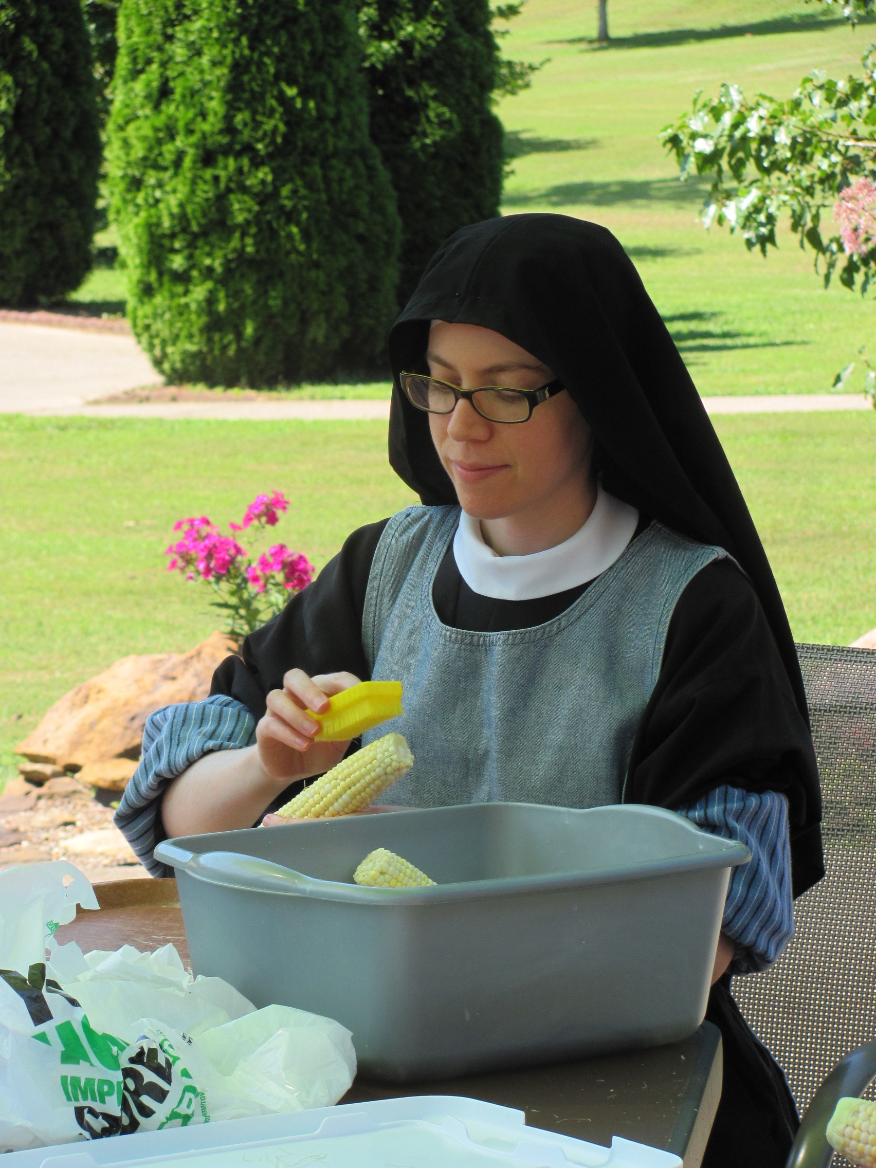  Sr. Maria Faustina enjoying the cool morning in the courtyard. 