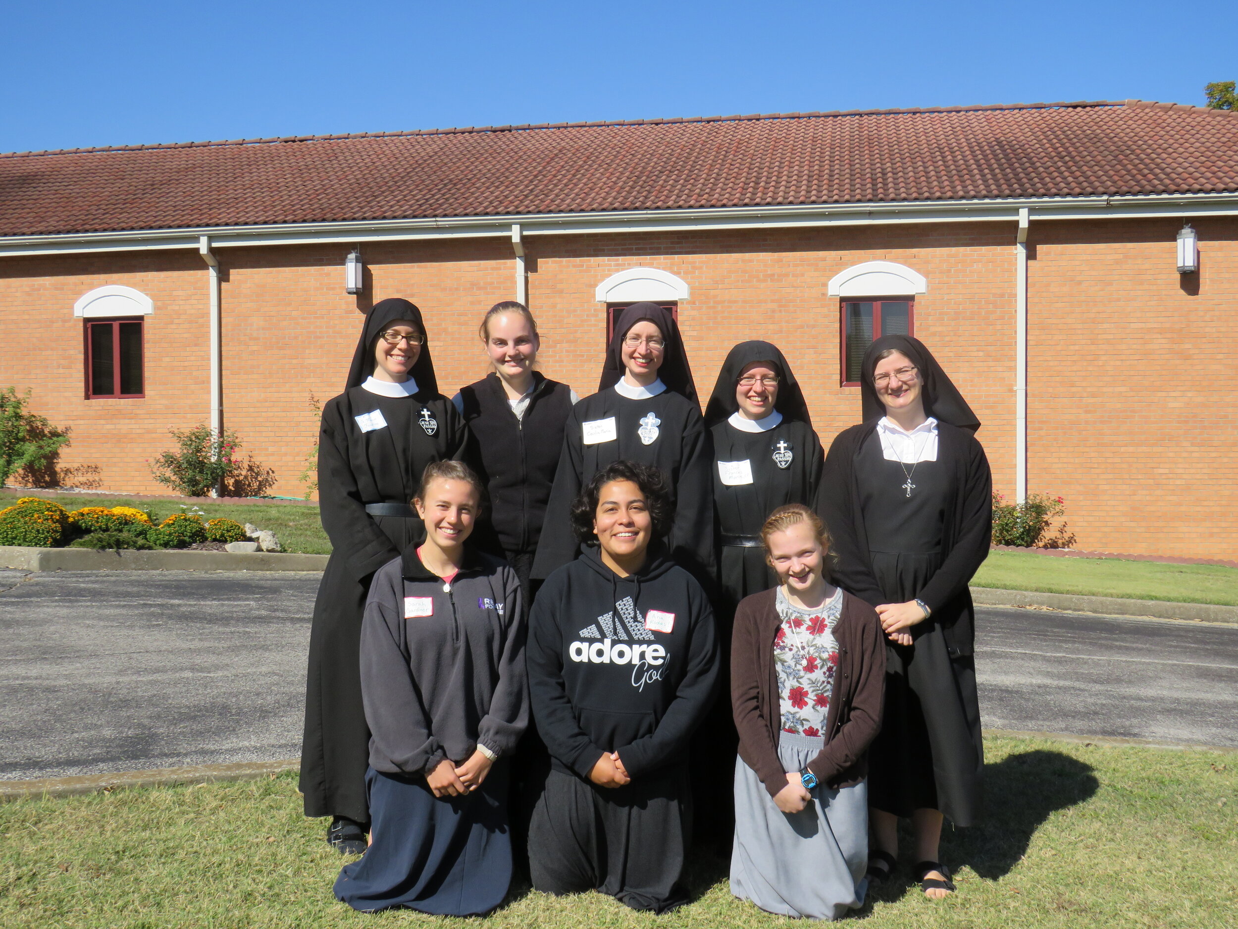  Sarah, Ana, and Emma attended the October vocation retreat.  Also pictured are Sr. Maria Faustina, aspirant Abbey, Sr. Cecilia Maria, Sr. Frances Marie, and retro postulant Theresa (now Sr. Miriam Esther!) 