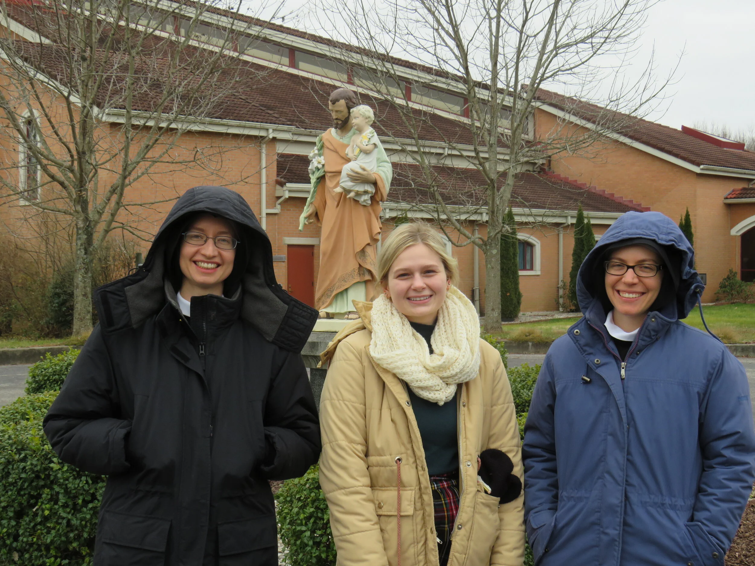 A chilly day, but alas, no snow for our Floridian guest - perhaps next time…  Pictured here are Sr. Cecilia Maria, Rebekah, and Sr. Maria Faustina.