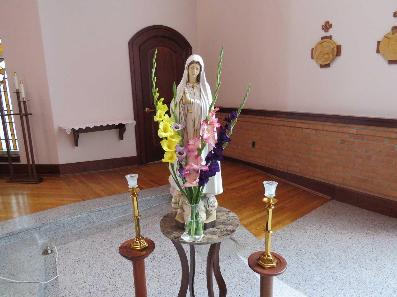  A beautiful arrangement for Our Lady of Fatima — gladiolus from our sacristy garden 