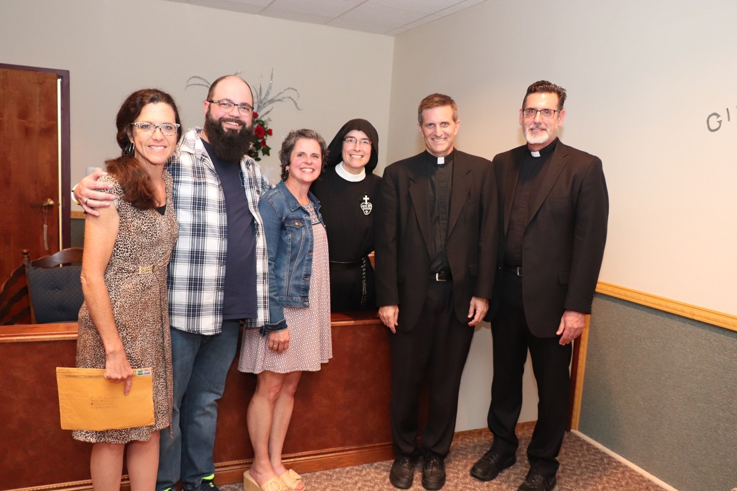  A NET alumni reunion — Mother reconnects with friends from her time with NET Ministries in the early 90s.  L-R: Charlotte Patros, Gerard Scheet, Melanie Pfeil, Mother John Mary, Fr. Aaron Brodeski, Msgr Paul Hudock 