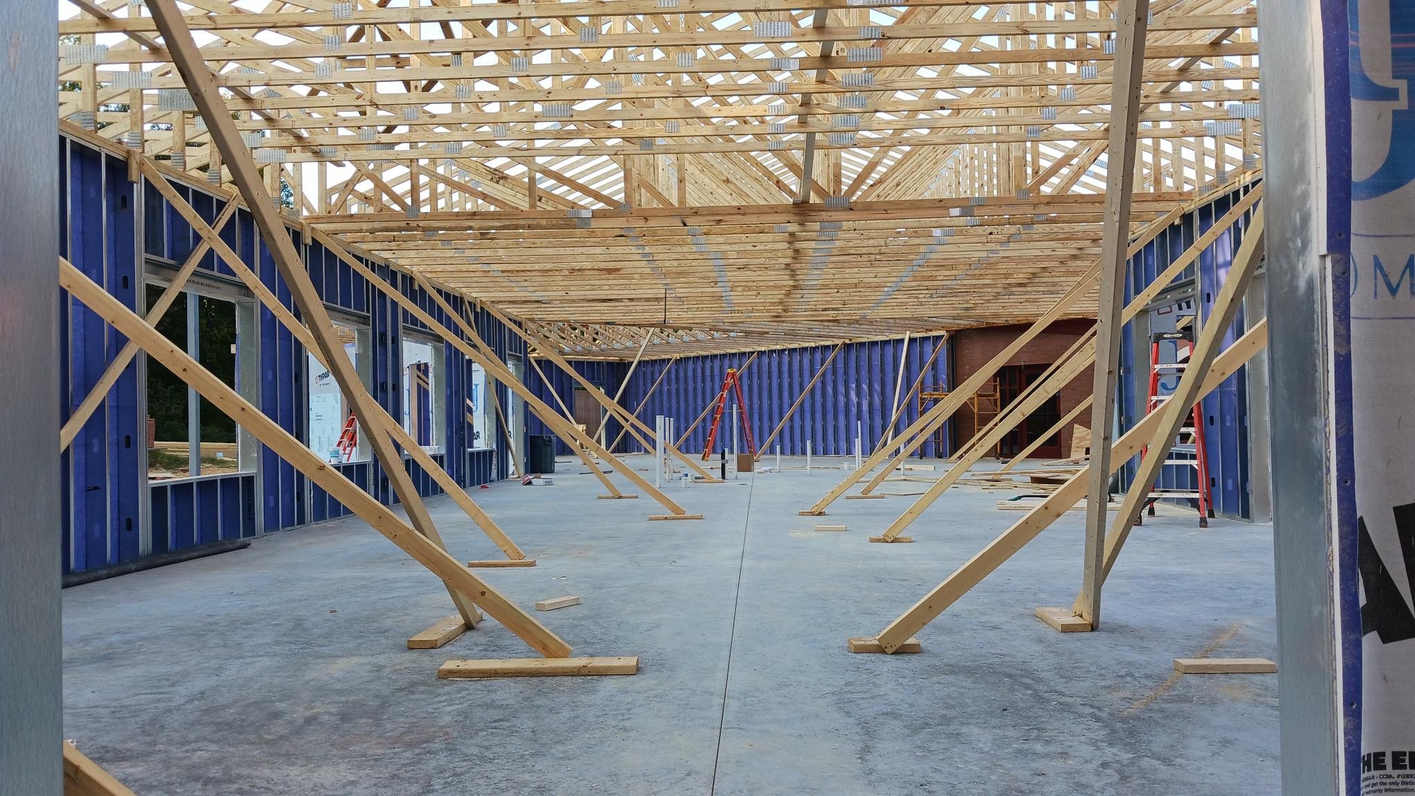  Interior view after installation of roof trusses 