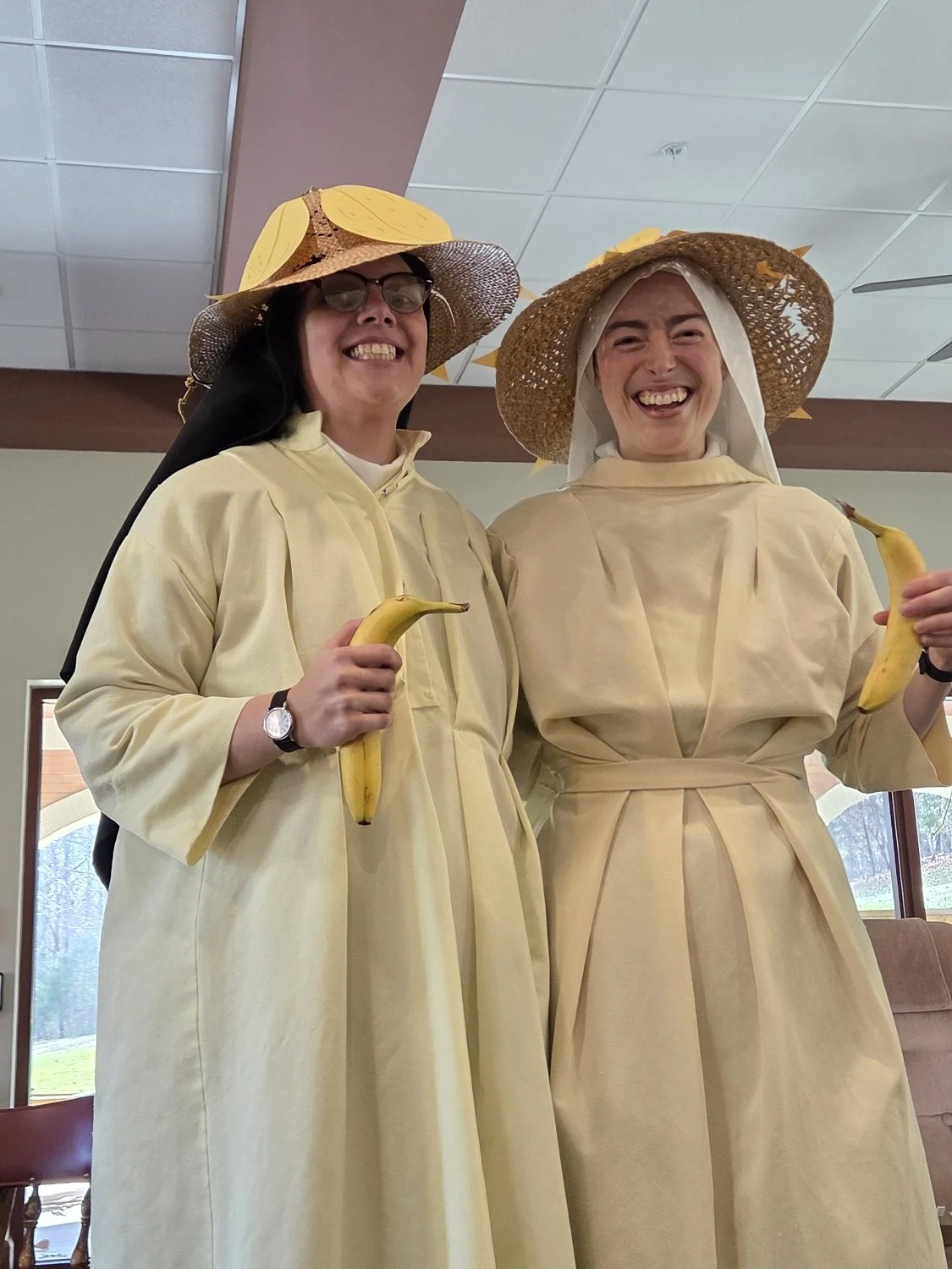  Sisters Bethany Marie and Isabel Maria regaled us with their rendition of “The Banana Song” after dinner. Impressive costumes, no? Fun fact: the yellow habits are from the days when our community used to bake altar breads. Since all the flour would 