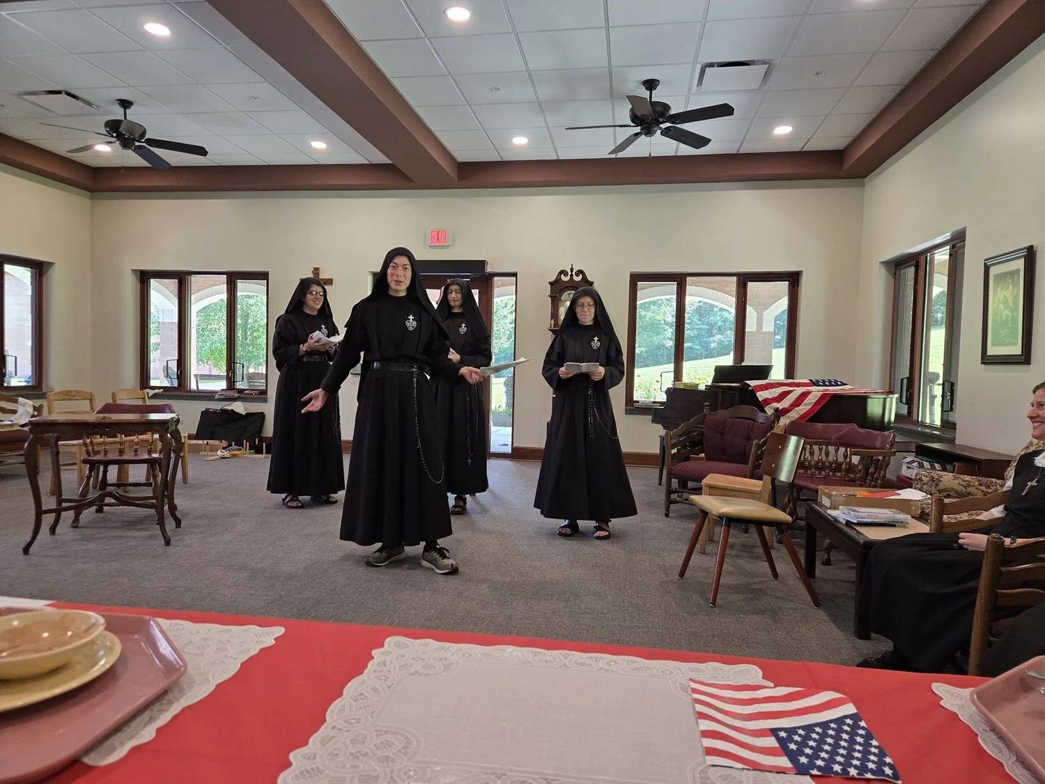  In honor of the Semiquincentennial, some of our younger Sisters wrote and performed a skit:  Tarquinia 1776 - The American Revolution through the eyes of the first Passionist Nuns!  