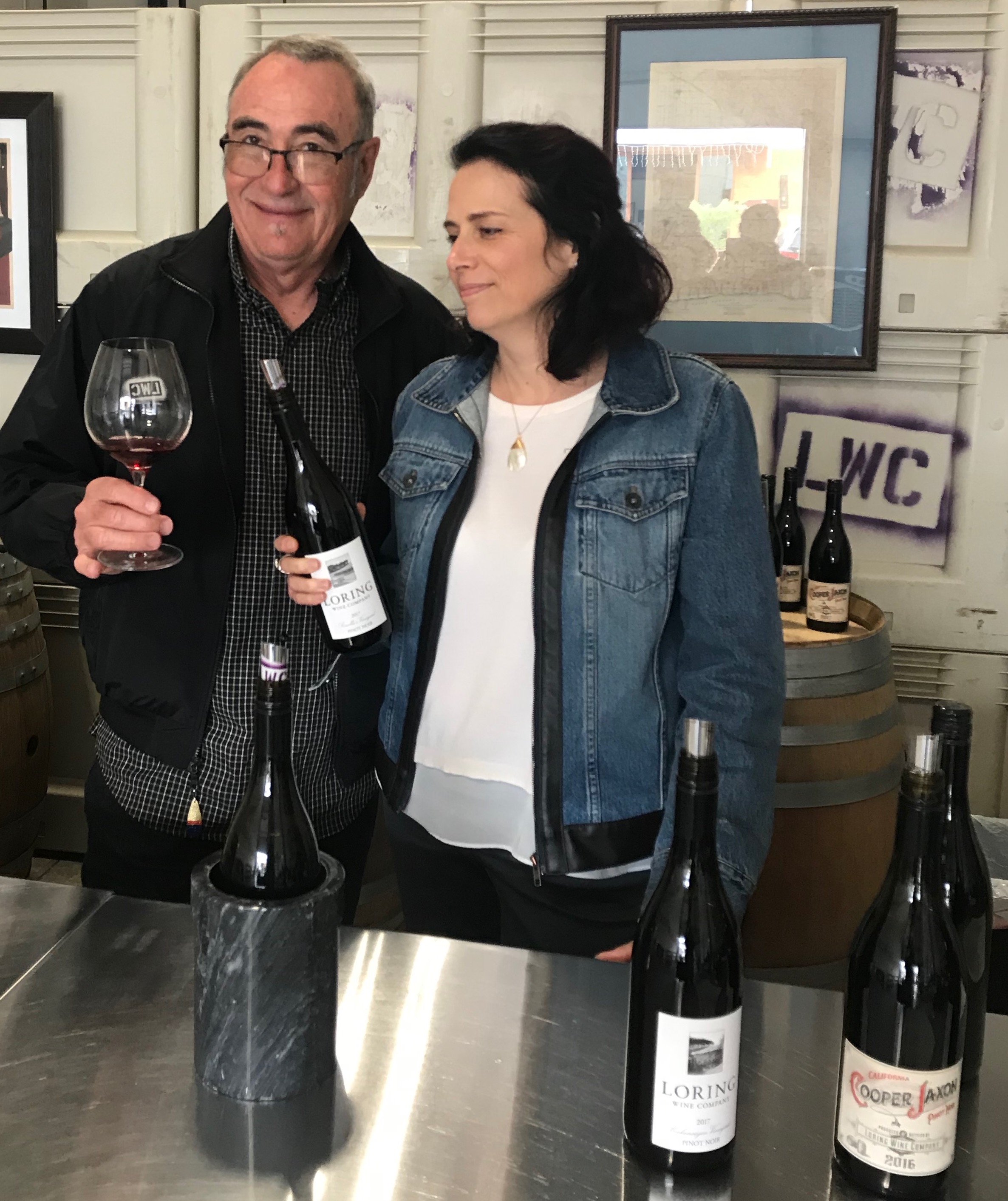 Professor Emeritus Joe White previewing the tasting wines with April Pharaoh, Loring Tasting Room Manager.