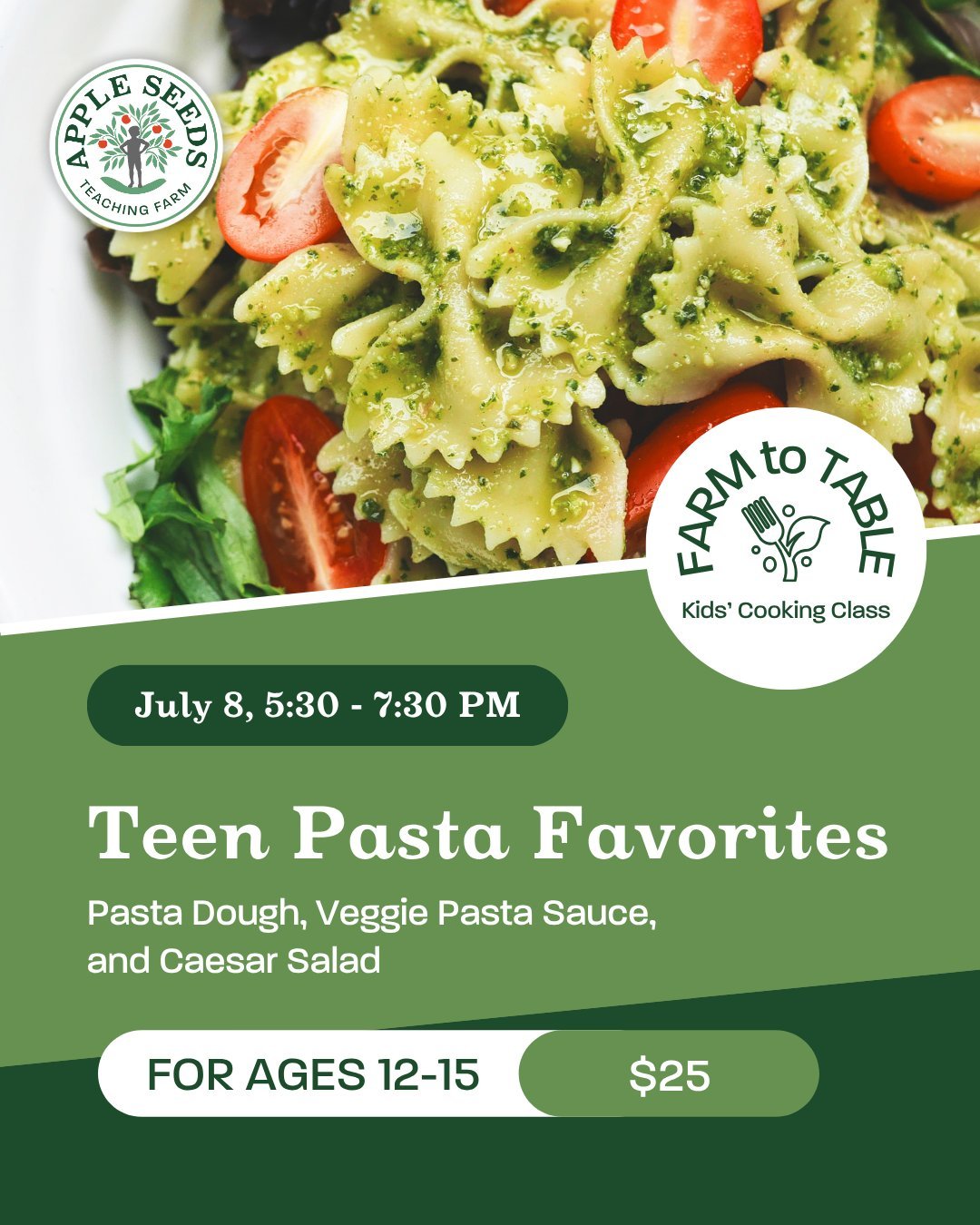Did you know we have a class just for teens coming up? Our next Farm to Table Teen Cooking Class is on Tuesday, July 8 from 5:30&ndash;7:30 pm &mdash; and it&rsquo;s a pasta party!

Teens ages 12&ndash;15 will:
👩&zwj;🍳 Make their own pasta dough
🥕