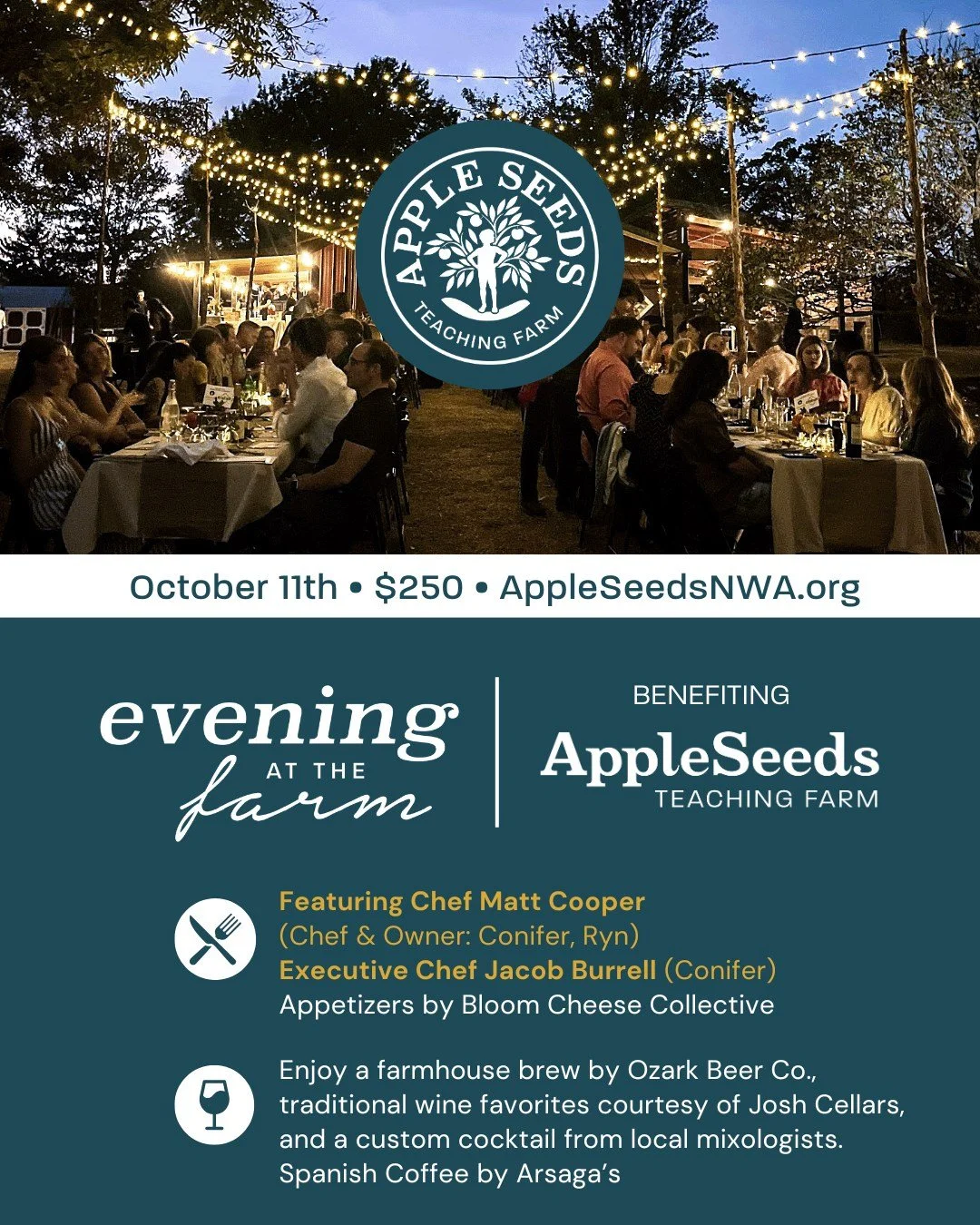 🚨 LAST CALL FOR TICKETS! 🚨

We can&rsquo;t wait to welcome you to the gorgeous Apple Seeds Teaching Farm next Saturday, October 11 for our annual Evening at the Farm fundraiser dinner! ✨

Enjoy curated bites from Bloom Cheese Collective, a seasonal