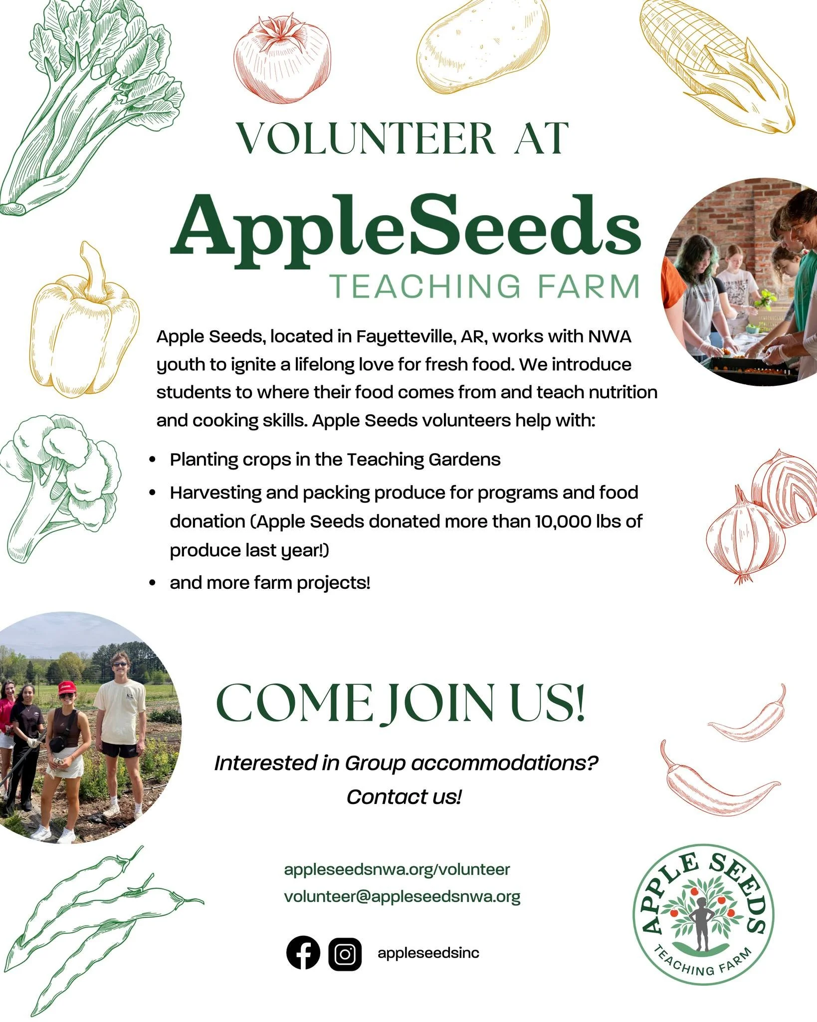 🌱 Volunteer with Apple Seeds 🌱
There&rsquo;s a place for everyone of all ages to get involved, whether you love digging in the dirt or getting fresh food into our community.

👩&zwj;🌾 Farm Volunteers
Enjoy the peaceful setting of our Teaching Farm