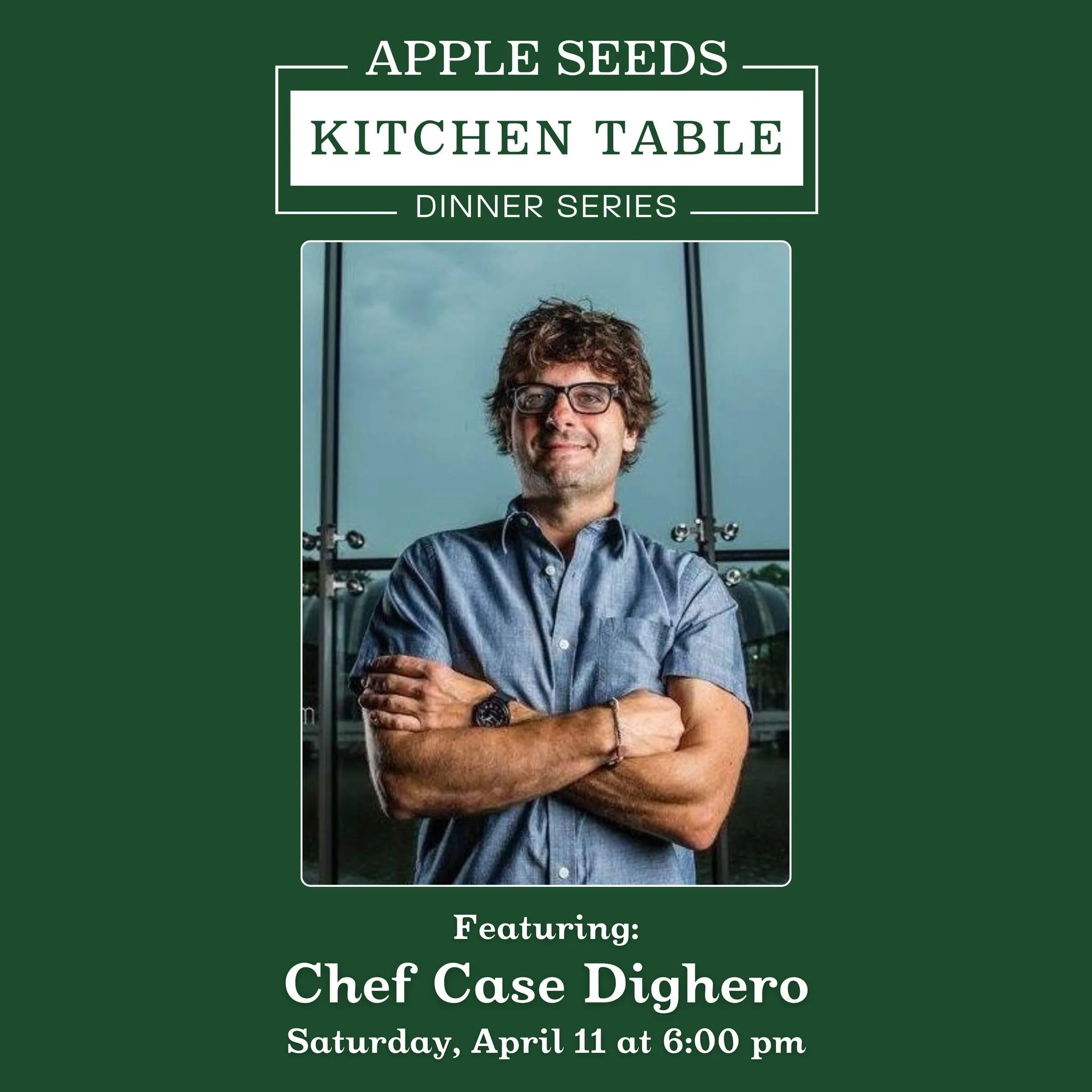 Join us for the Apple Seeds April Kitchen Table Dinner as we welcome back one of NWA's favorites, Chef @casedig.

This dinner will be shaped by high-southern traditions and a rule breaking approach to food. Chef Dighero will spend the evening blendin