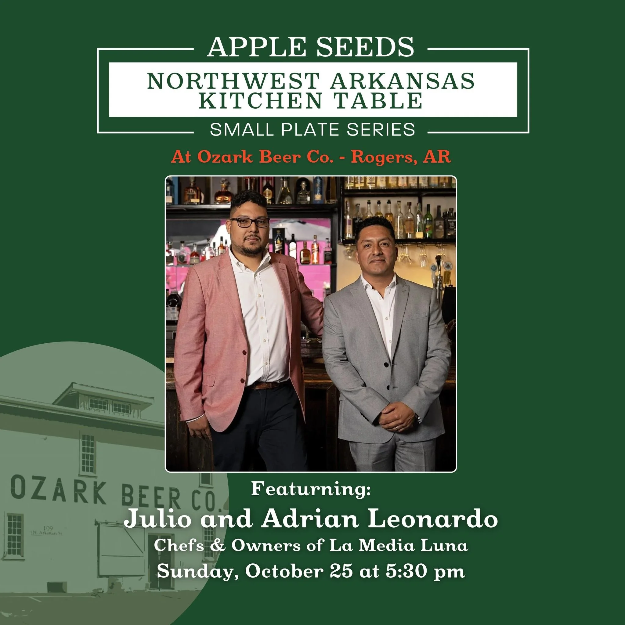 🍻🍽️ Apple Seeds is coming to Benton County!

Join us Sunday, October 25, at @ozarkbeer for a one-of-a-kind tasting experience where thoughtful food pairings meet creative drinks and community.

Chefs and owners Julio &amp; Adrian Leonardo of @lamed