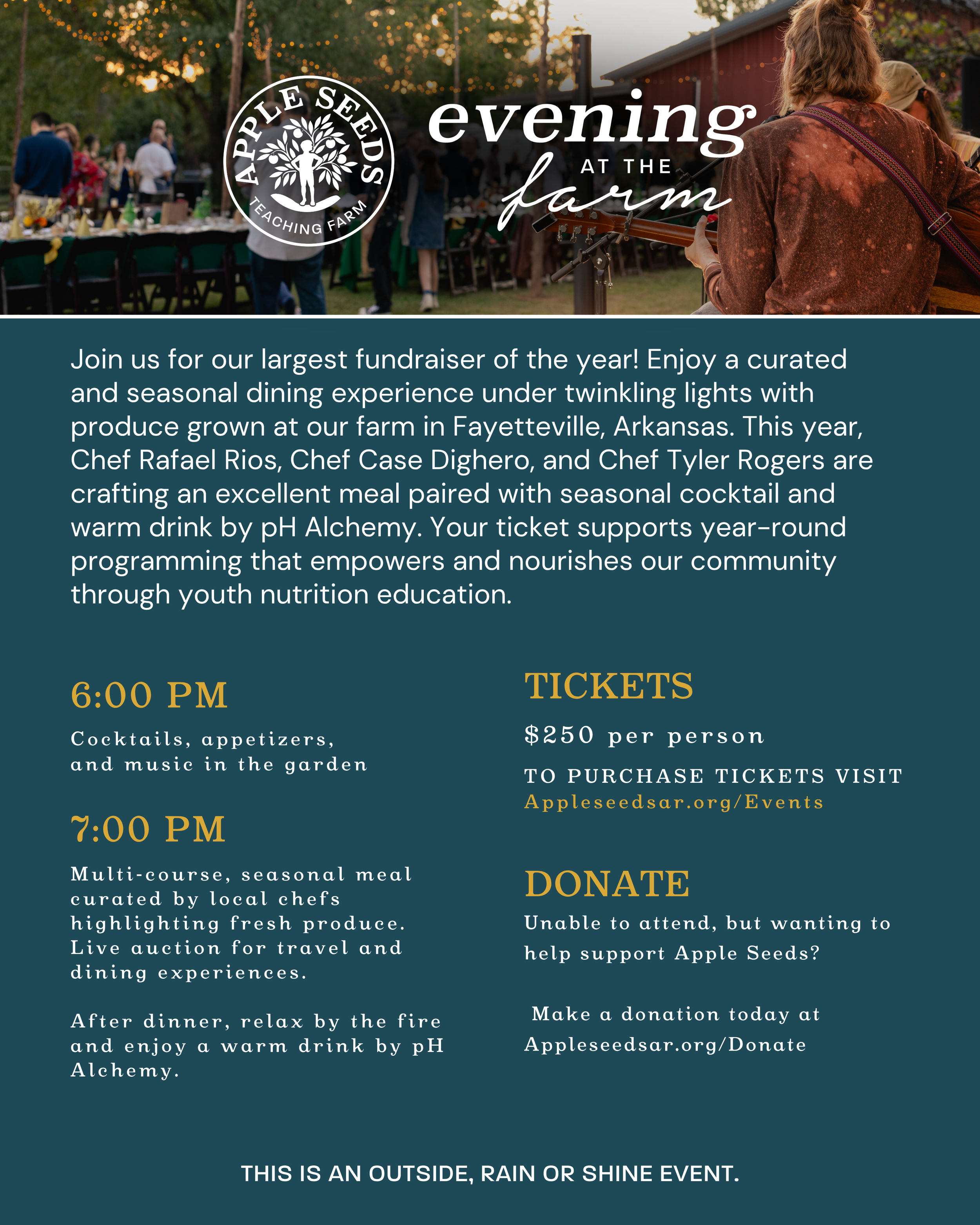 Farm to table dinner event details at Apple Seeds Teaching Farm in Fayetteville Arkansas