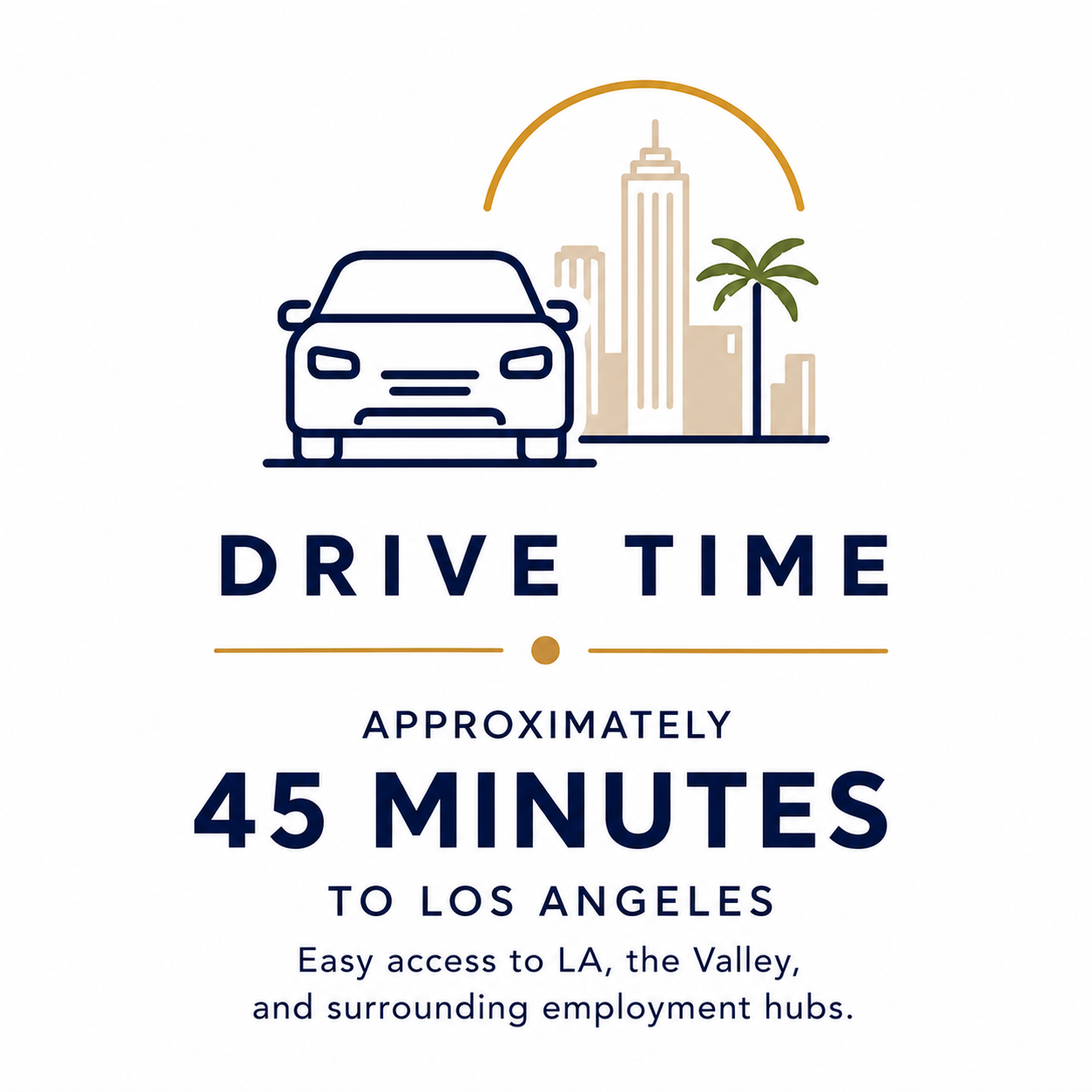 Illustration of a car with Los Angeles cityscape in the background, palm tree, and text indicating about 45 minutes drive time to Los Angeles.