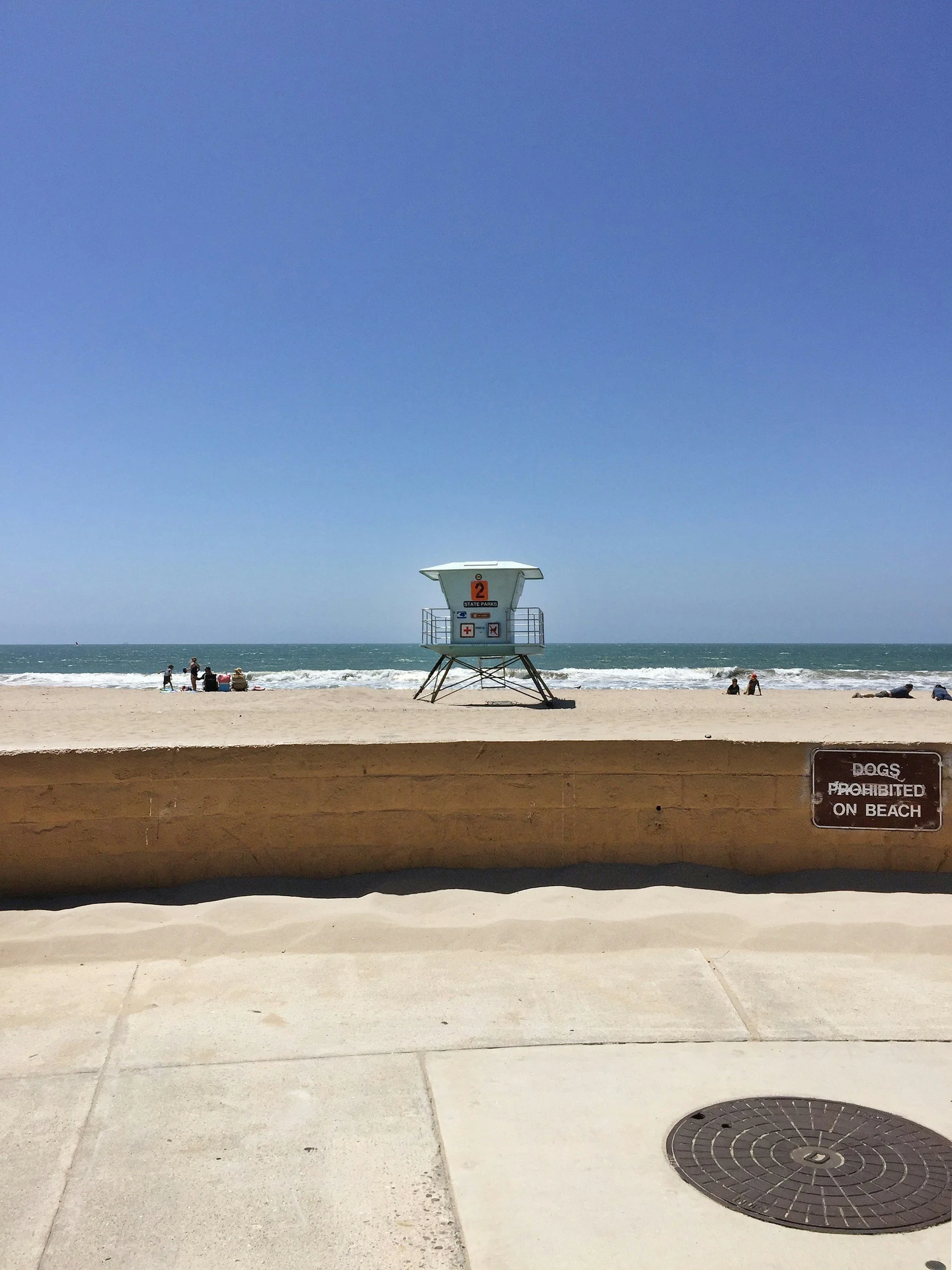View of a beach with a lifeguard tower and people relaxing near the water, with a clear blue sky and a sign that reads 'Dogs Prohibited on Beach' in the foreground.