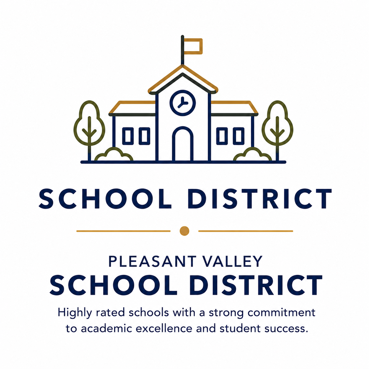 Illustration of a school building with trees on either side, a clock, and a flag, with text indicating 'School District Pleasant Valley School District' and a slogan about commitment to academic excellence.