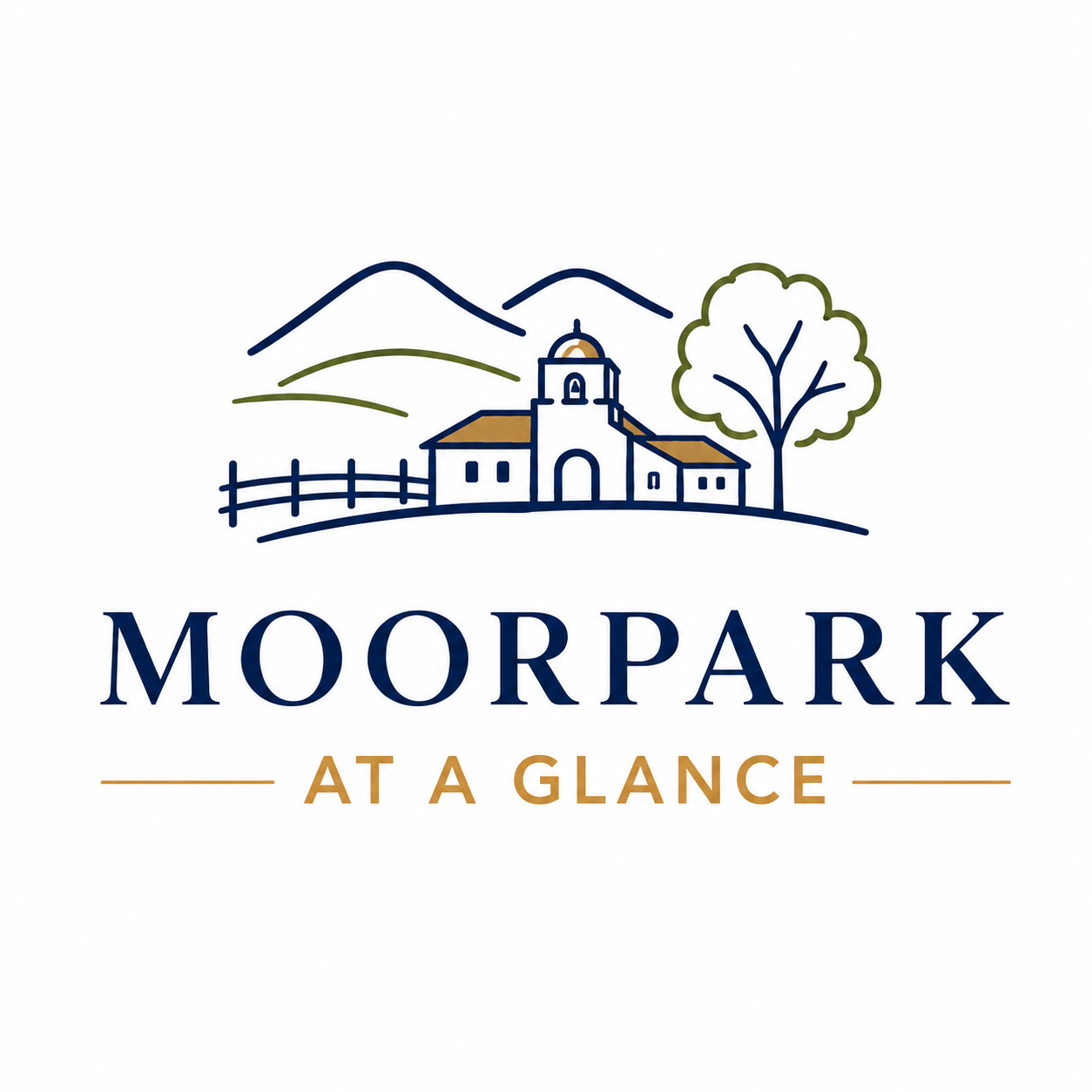 Illustration of a church, tree, and mountains with the text 'Moorpark At A Glance'.