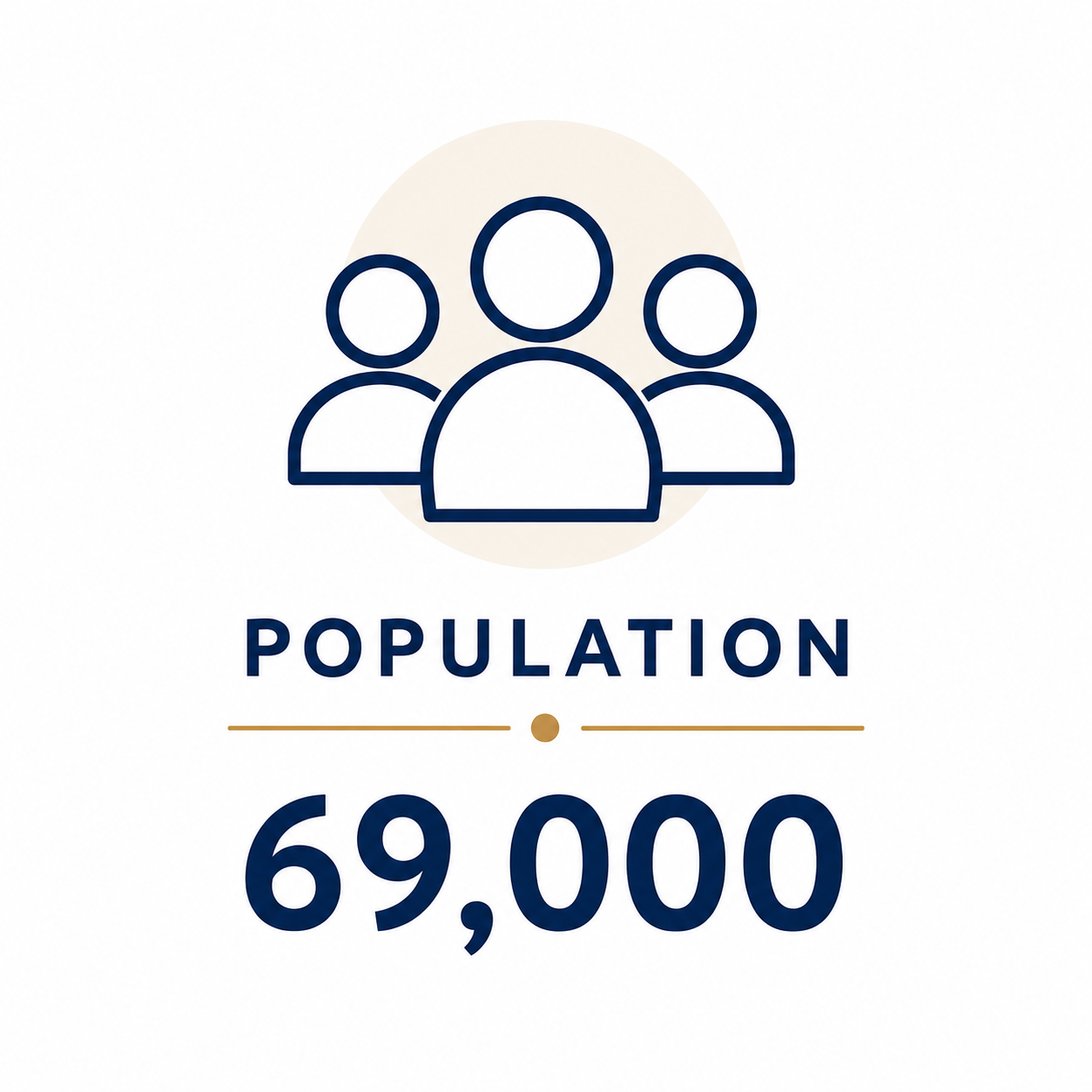 An infographic depicting a group of three outlined human icons with a beige circle behind them, labeled "Population" with the number "69,000" underneath.