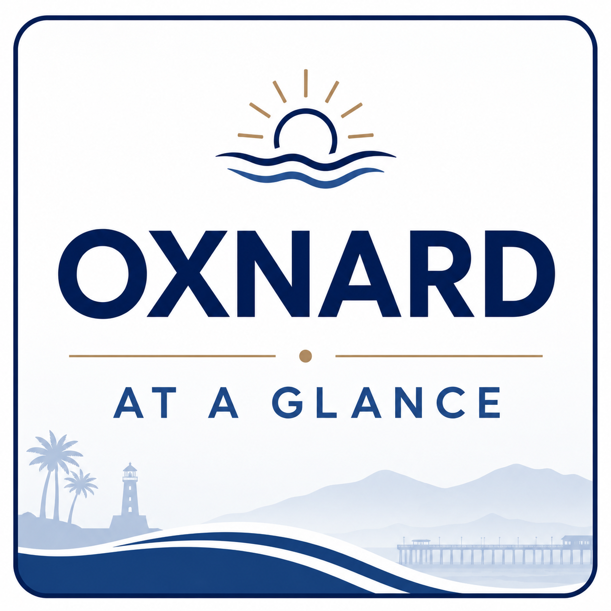 Logo for Oxnard At A Glance featuring a stylized sunset above ocean waves, with a lighthouse, palm trees, and a pier in the background, in a blue and white color scheme.
