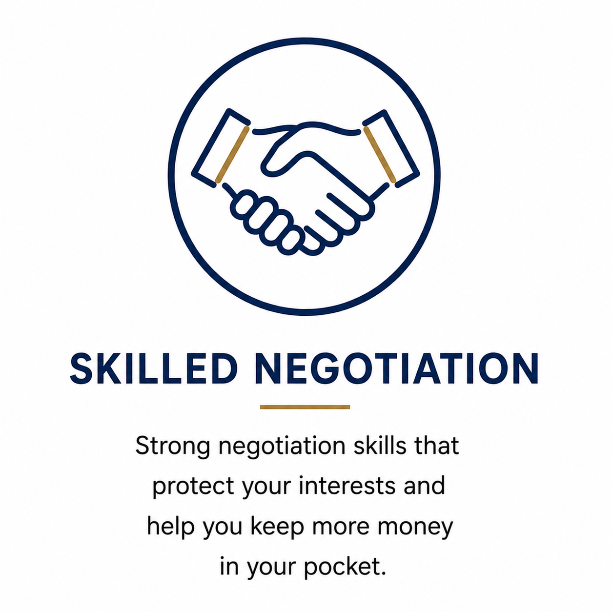 Icon of two hands shaking inside a circle, with the text 'Skilled Negotiation' below and a description about strong negotiation skills protecting interests and saving money.