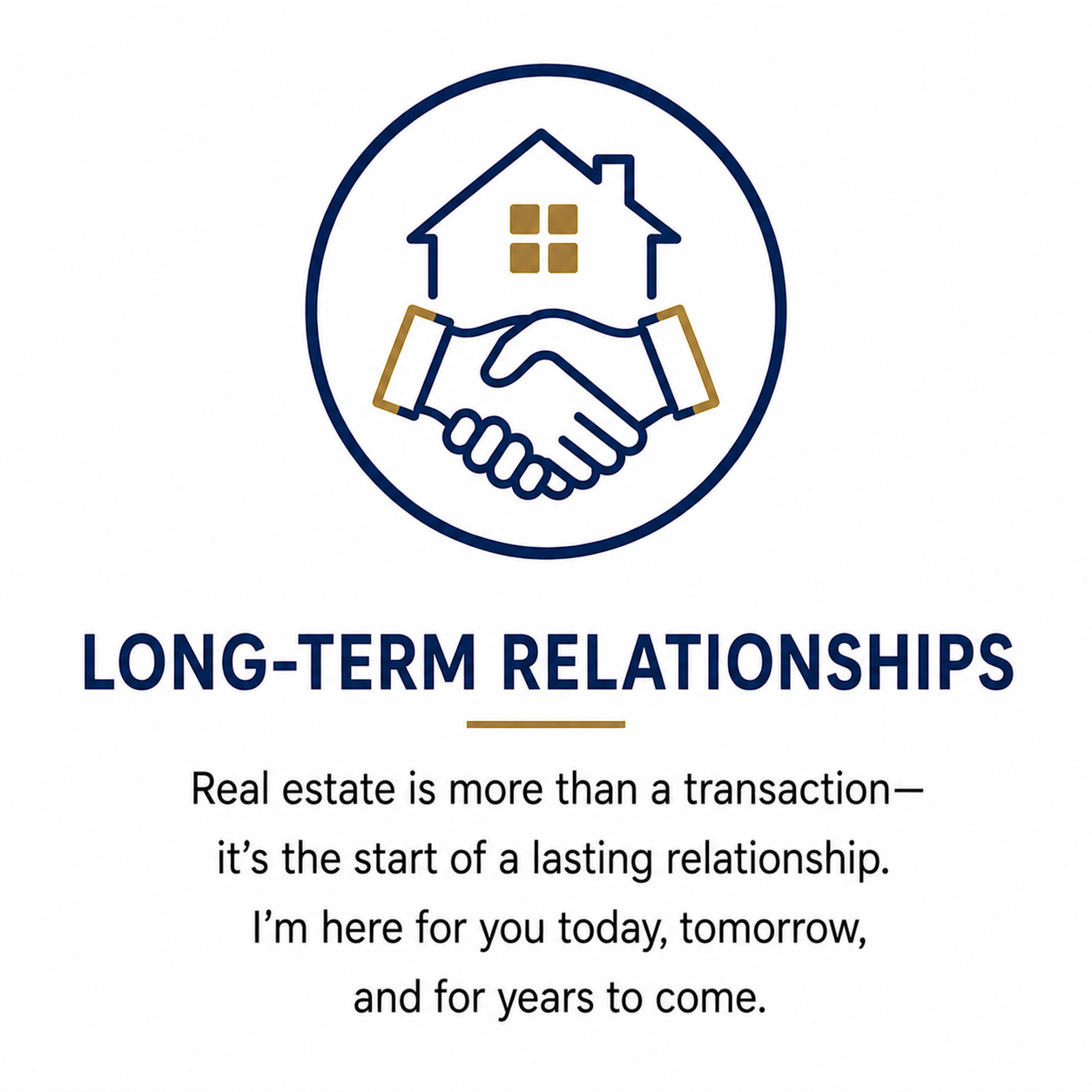 Logo with a house above two hands shaking inside a circle. Beneath, the text reads "Long-Term Relationships" and a paragraph about real estate building lasting relationships.
